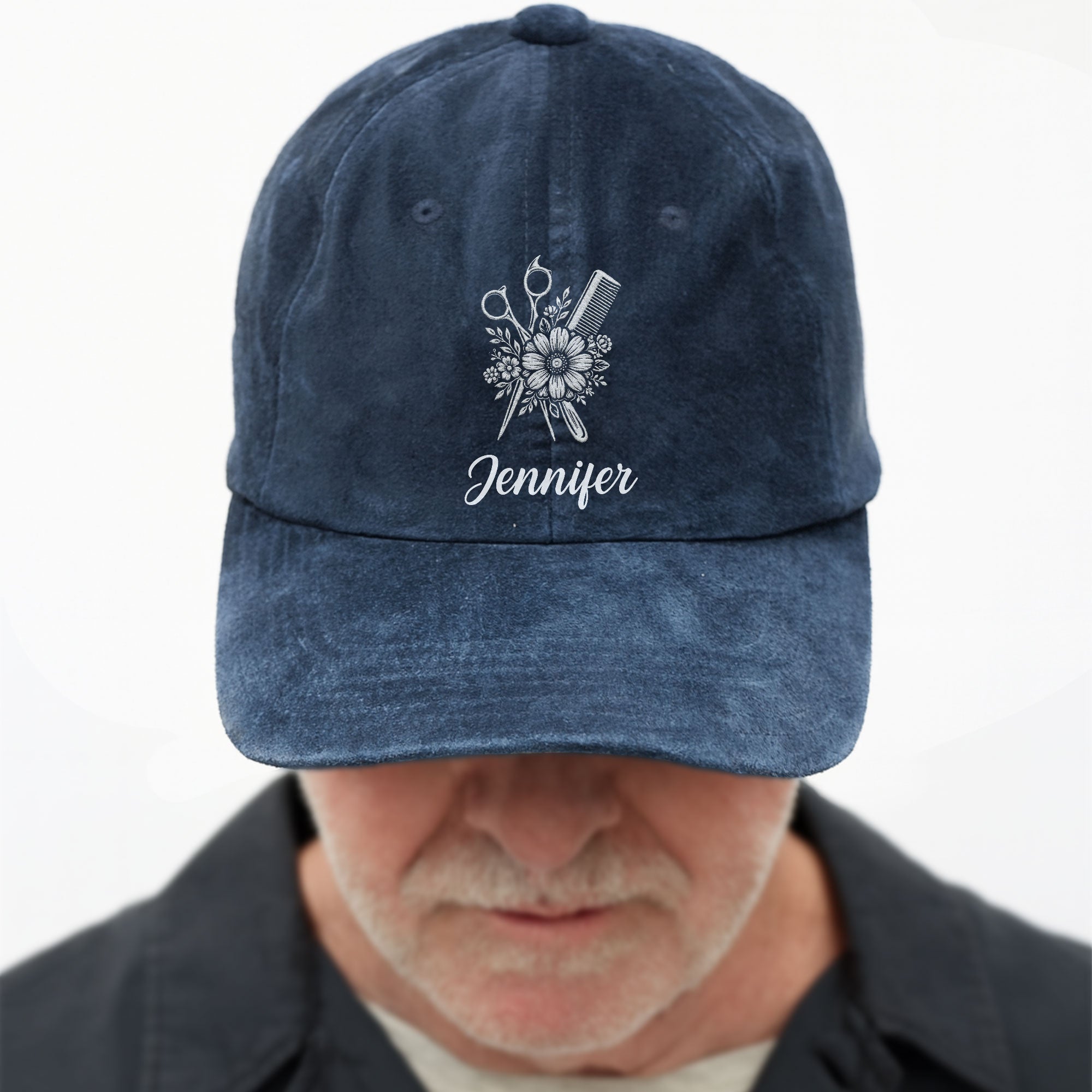 Personalized Washed Denim Cap Flower Scissors Gift for Hairstylist