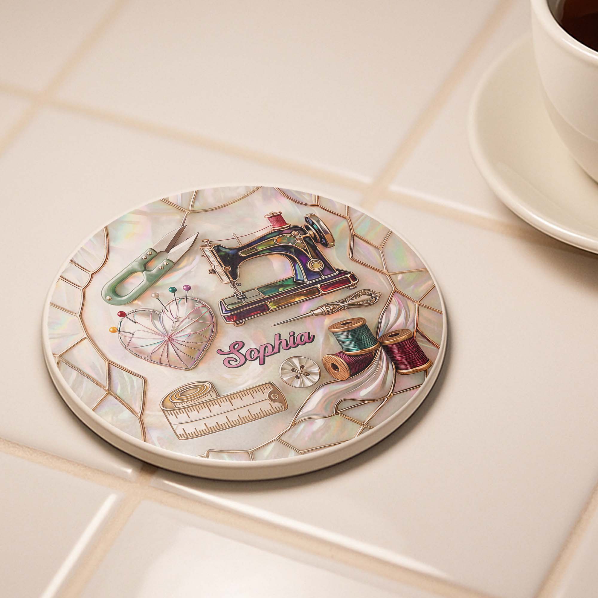 Personalized Ceramic Coaster for Sewing Lovers Custom Gift