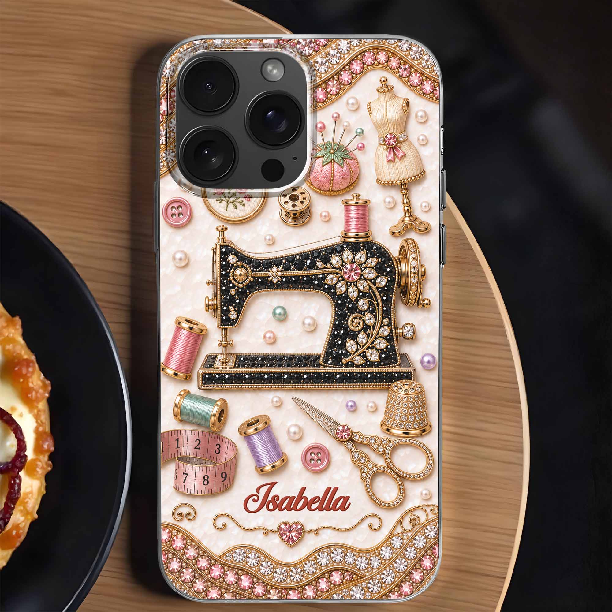 Personalized Clear Phone Case with 3D Rhinestone Sewing Design for Mom, Grandma, Craft Lovers