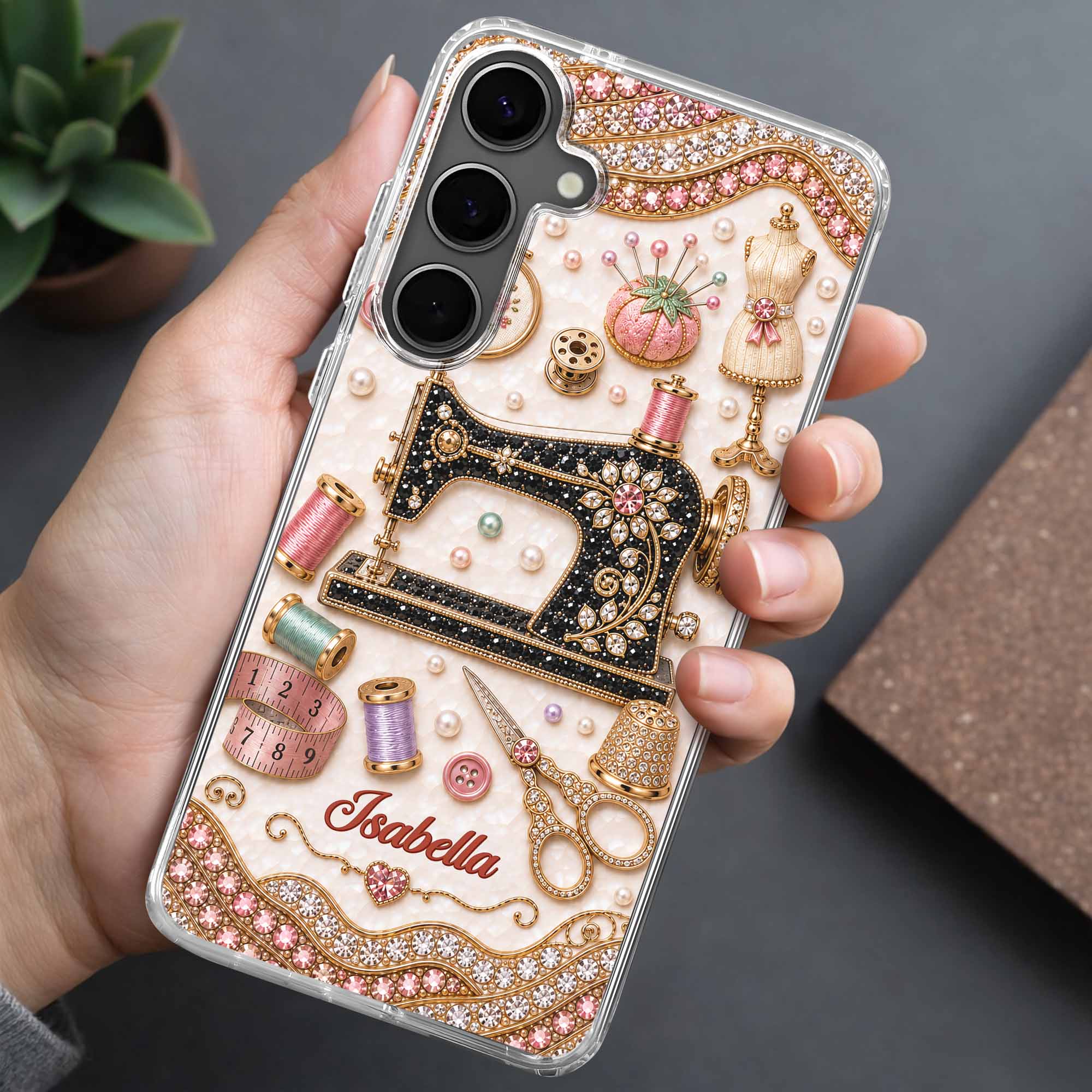 Personalized Clear Phone Case with 3D Rhinestone Sewing Design for Mom, Grandma, Craft Lovers