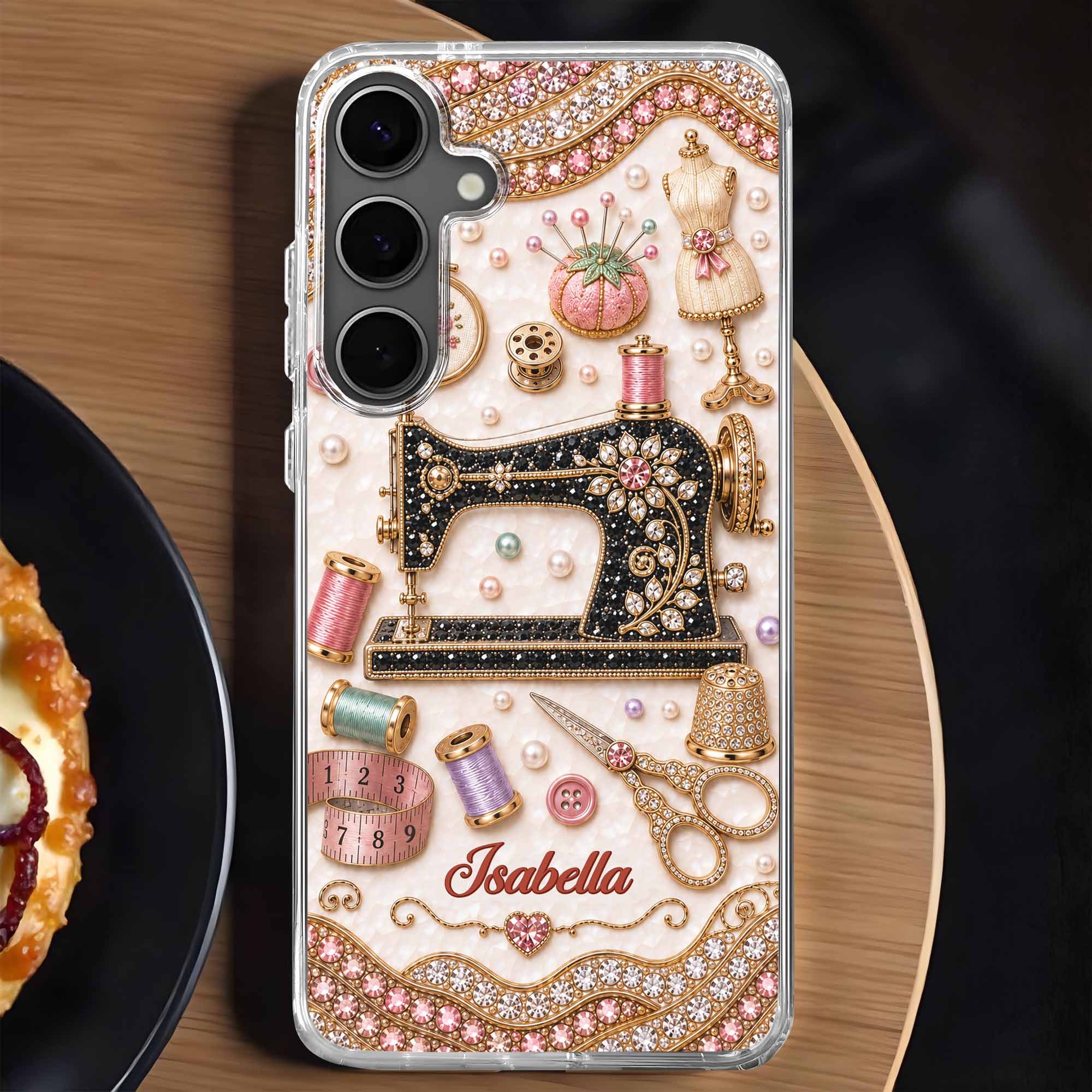 Personalized Clear Phone Case with 3D Rhinestone Sewing Design for Mom, Grandma, Craft Lovers