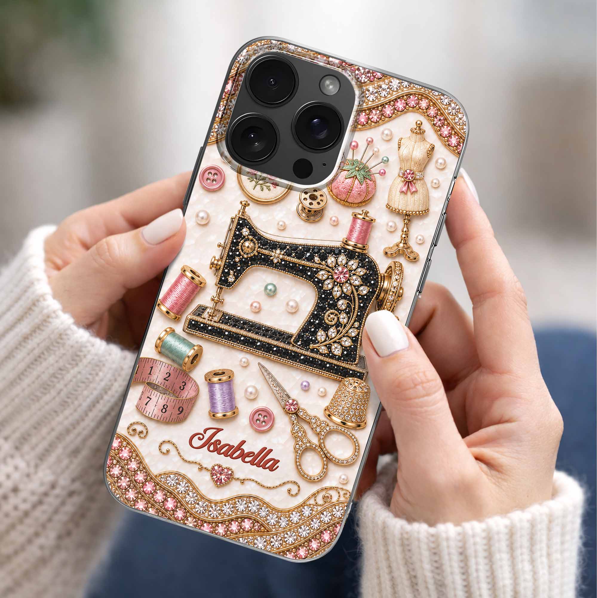Personalized Clear Phone Case with 3D Rhinestone Sewing Design for Mom, Grandma, Craft Lovers