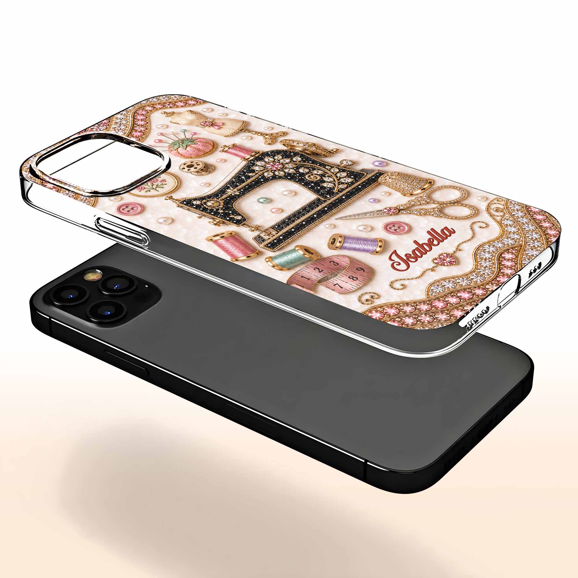 Personalized Clear Phone Case with 3D Rhinestone Sewing Design for Mom, Grandma, Craft Lovers