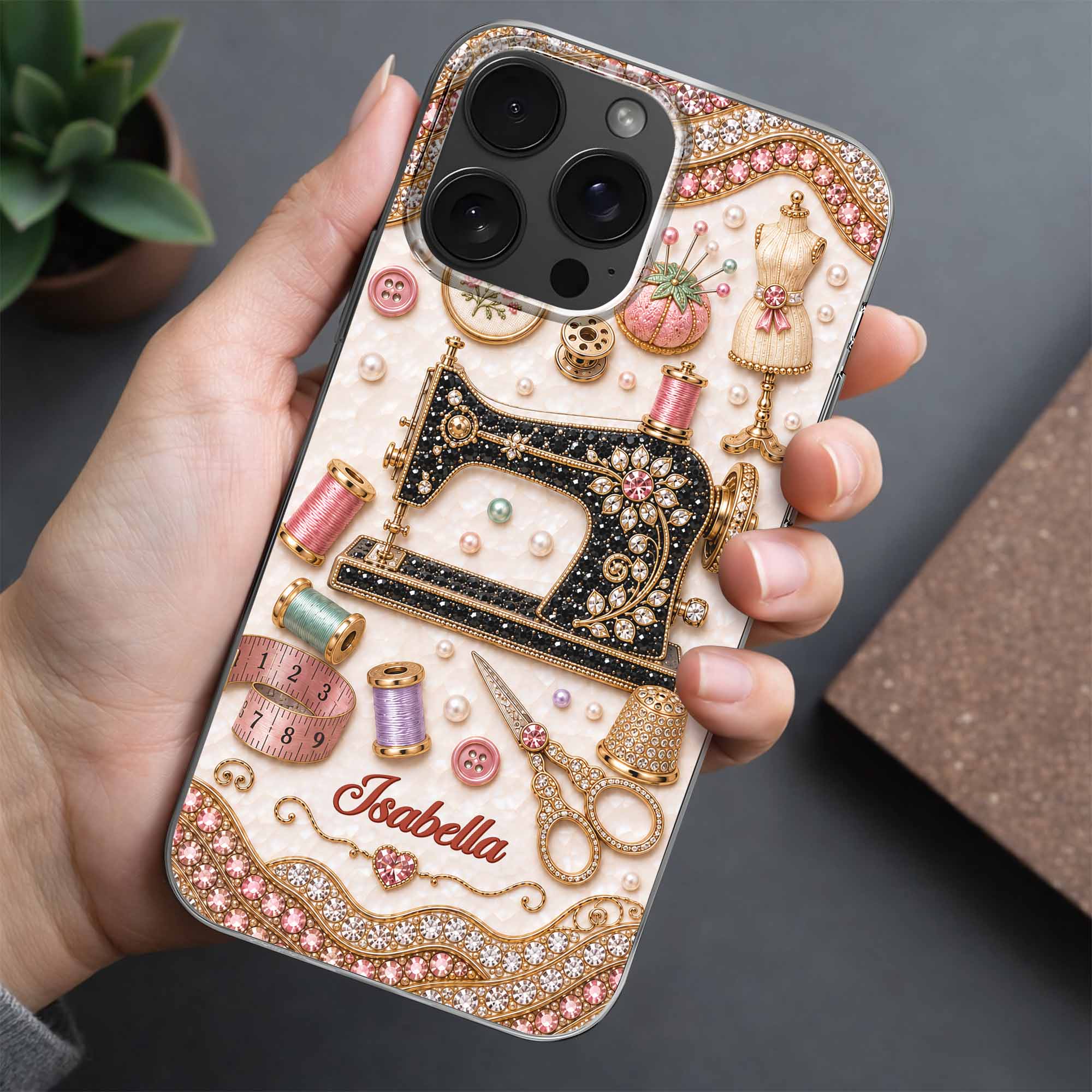 Personalized Clear Phone Case with 3D Rhinestone Sewing Design for Mom, Grandma, Craft Lovers