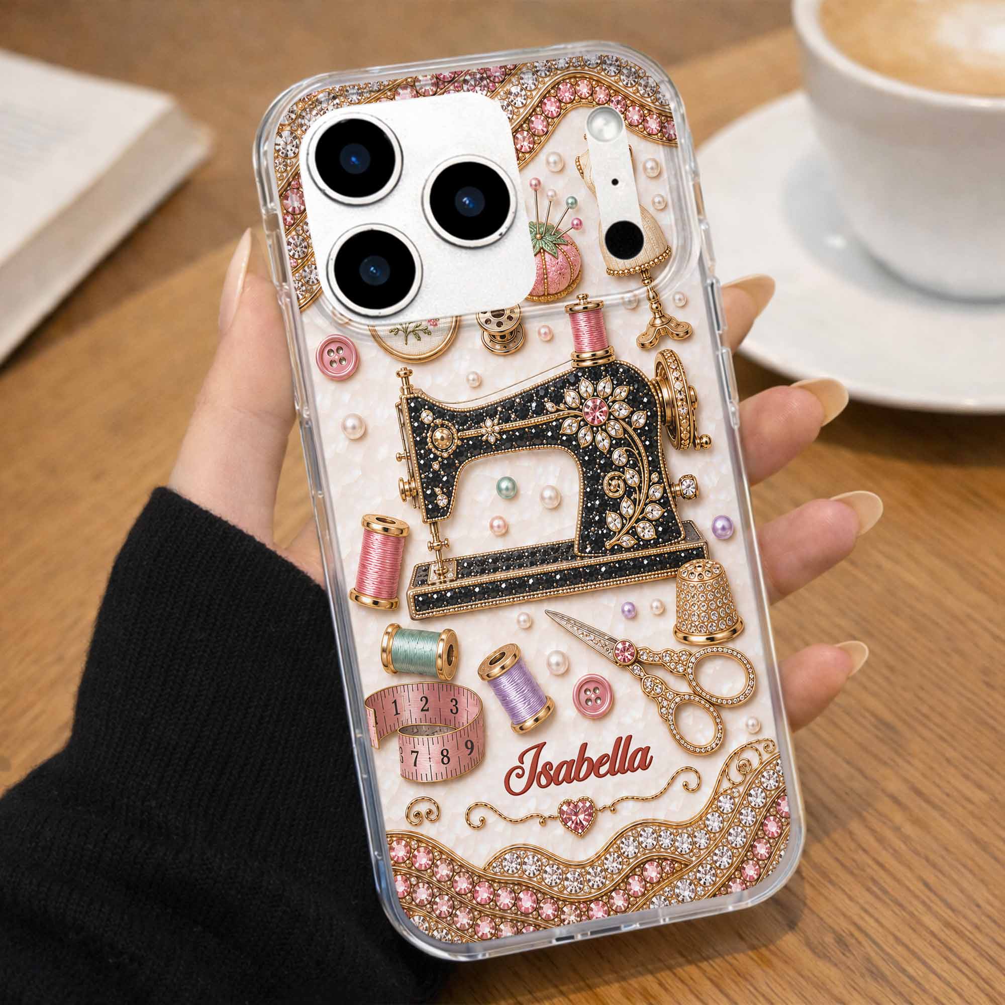 Personalized Clear Phone Case with 3D Rhinestone Sewing Design for Mom, Grandma, Craft Lovers
