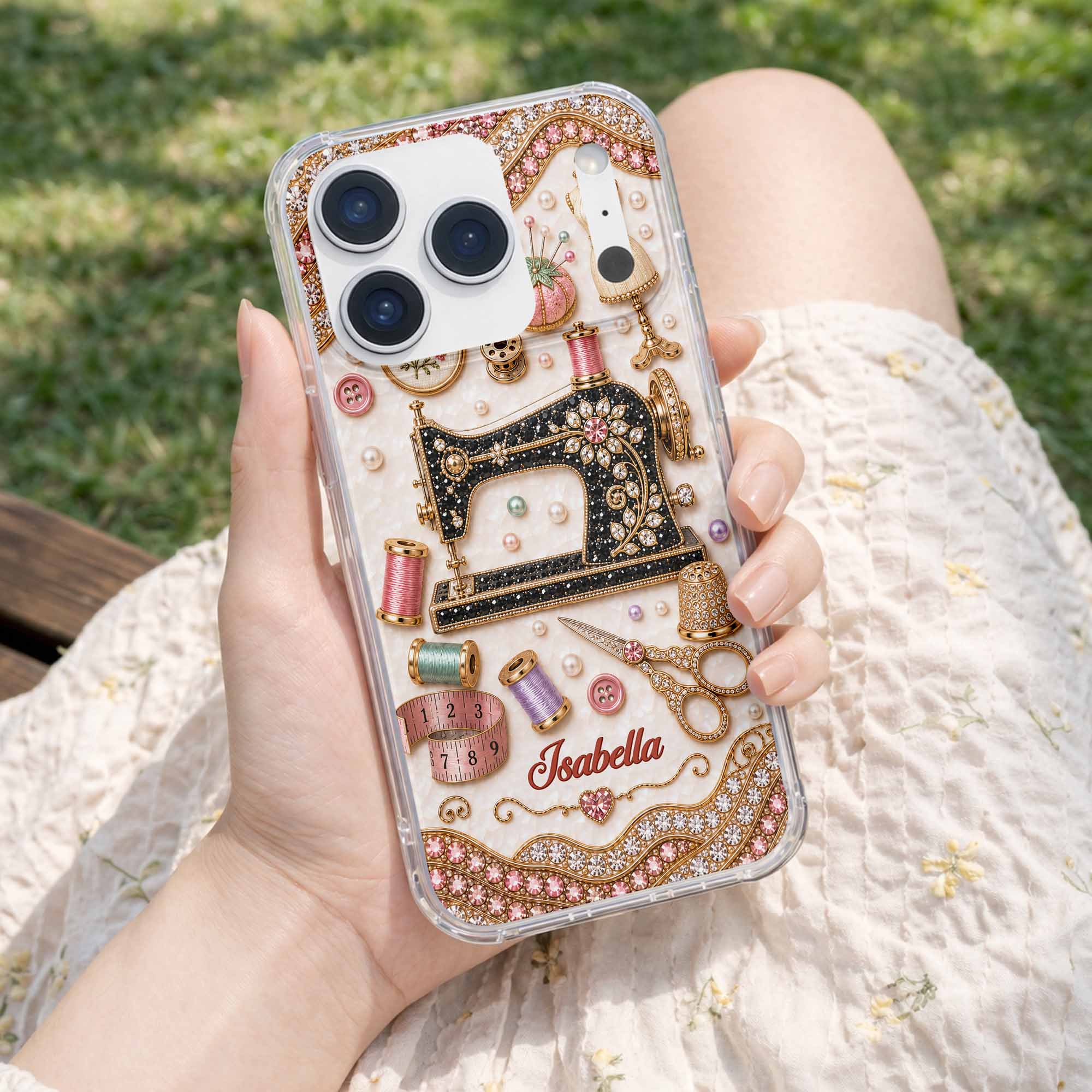 Personalized Clear Phone Case with 3D Rhinestone Sewing Design for Mom, Grandma, Craft Lovers