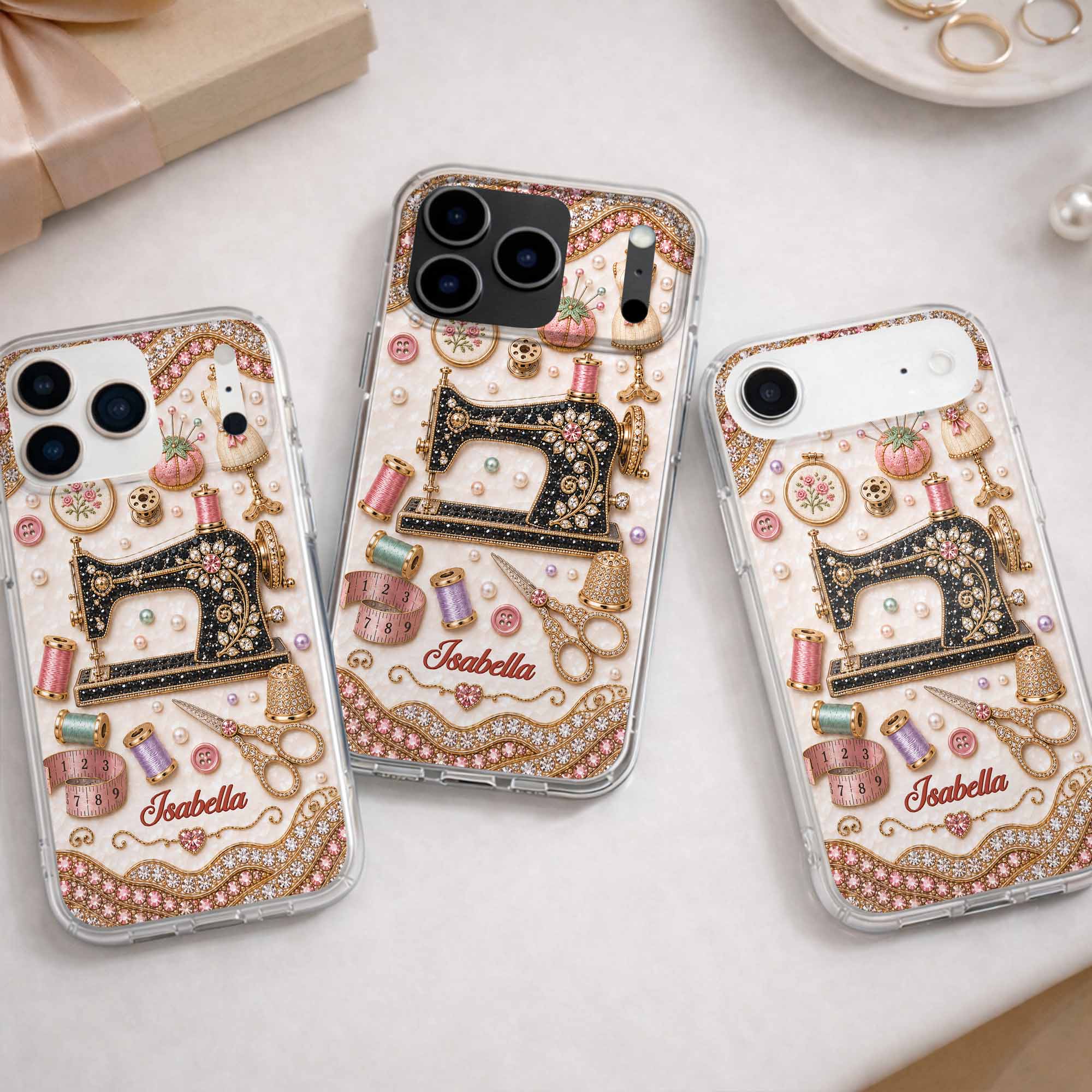 Personalized Clear Phone Case with 3D Rhinestone Sewing Design for Mom, Grandma, Craft Lovers
