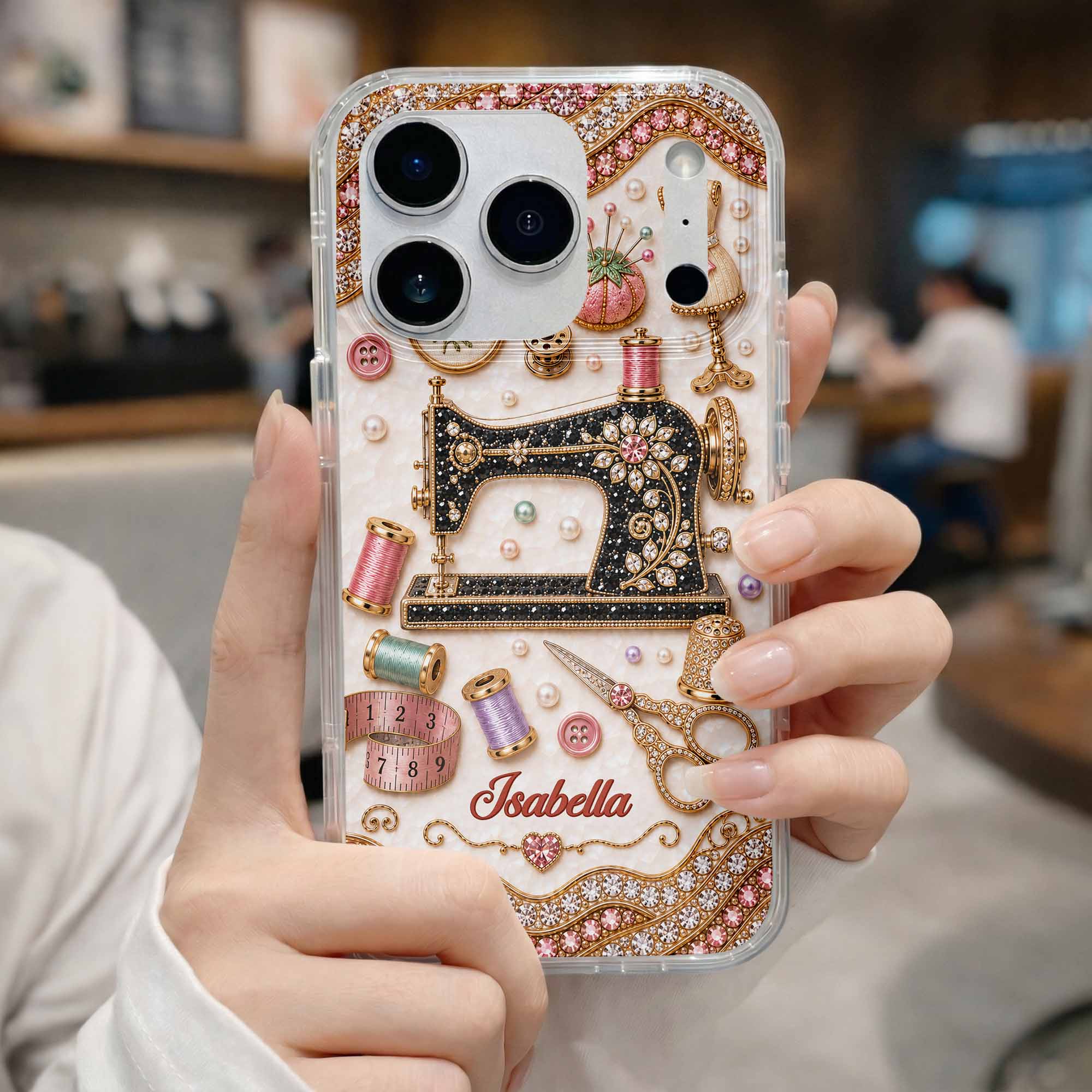 Personalized Clear Phone Case with 3D Rhinestone Sewing Design for Mom, Grandma, Craft Lovers