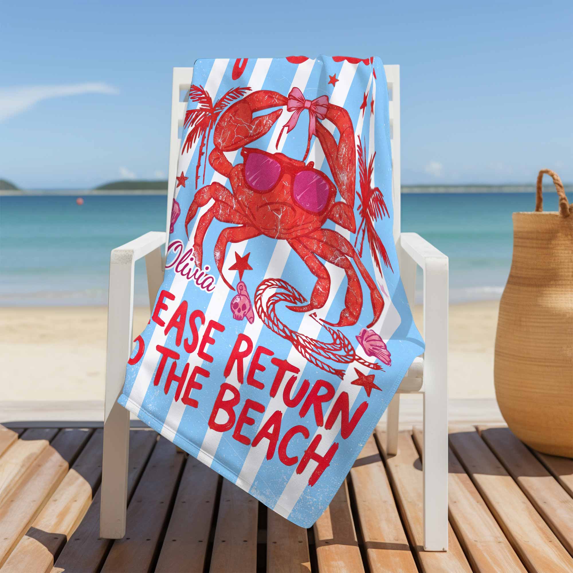 Personalized Microfiber Beach Towel Custom Crab Design Gift