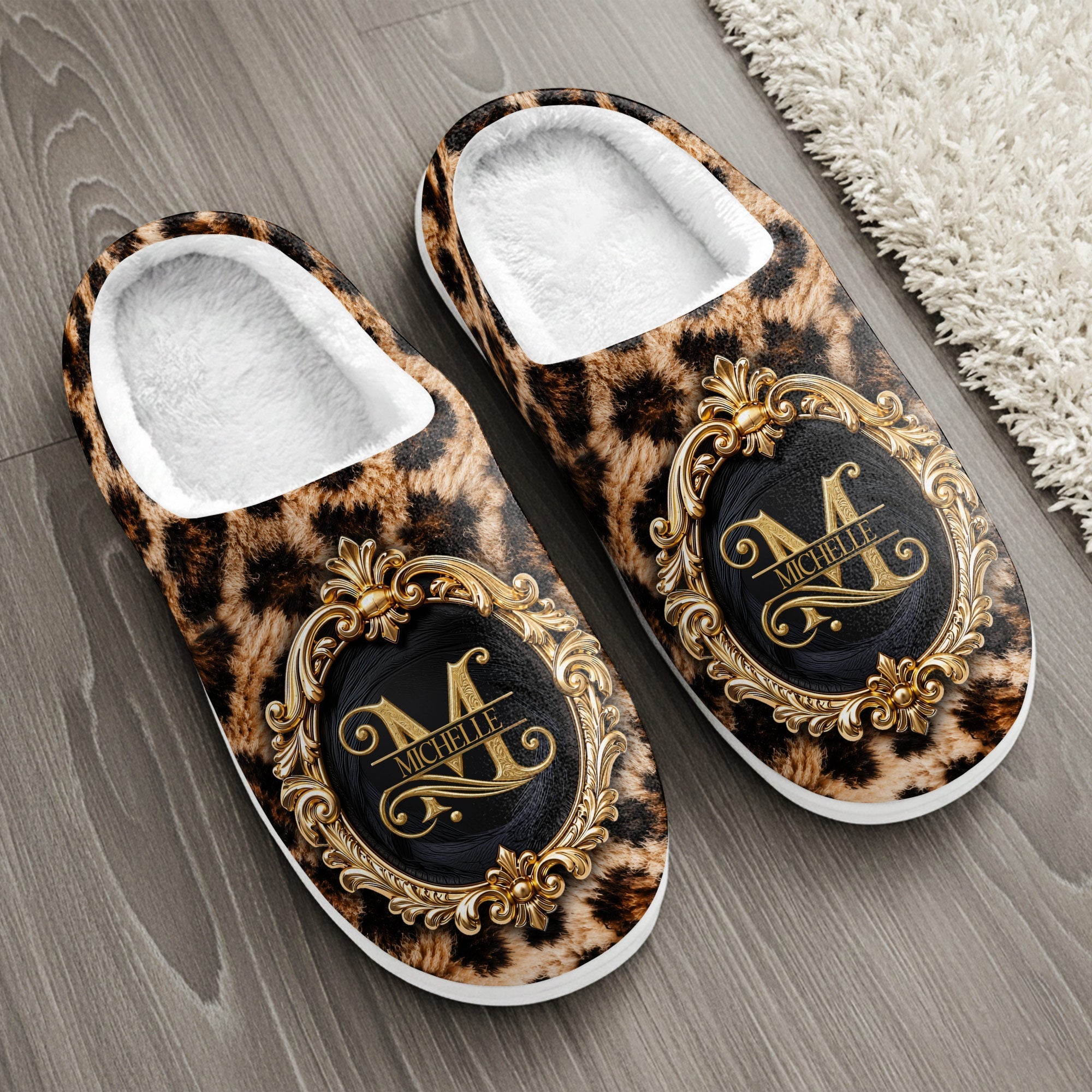 Personalized Plush Slippers Custom Golden Alphabet Art Gift for Her