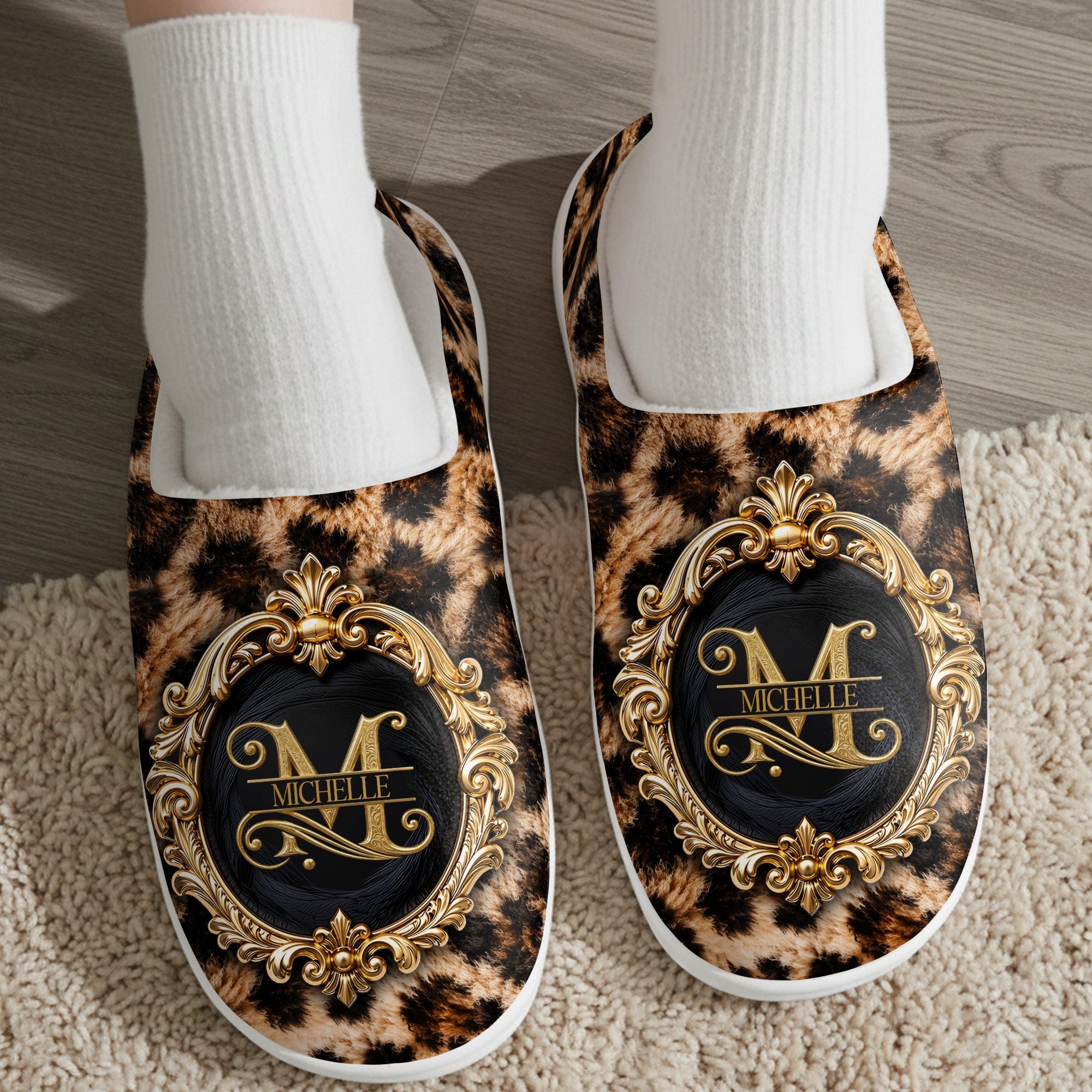 Personalized Plush Slippers Custom Golden Alphabet Art Gift for Her