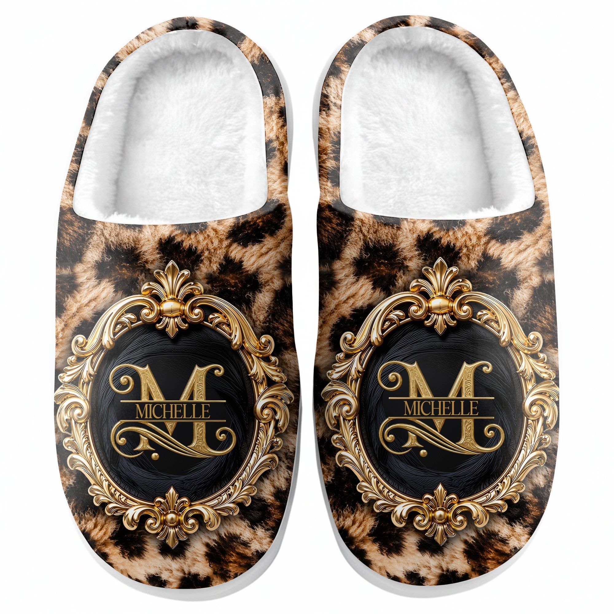 Personalized Plush Slippers Custom Golden Alphabet Art Gift for Her