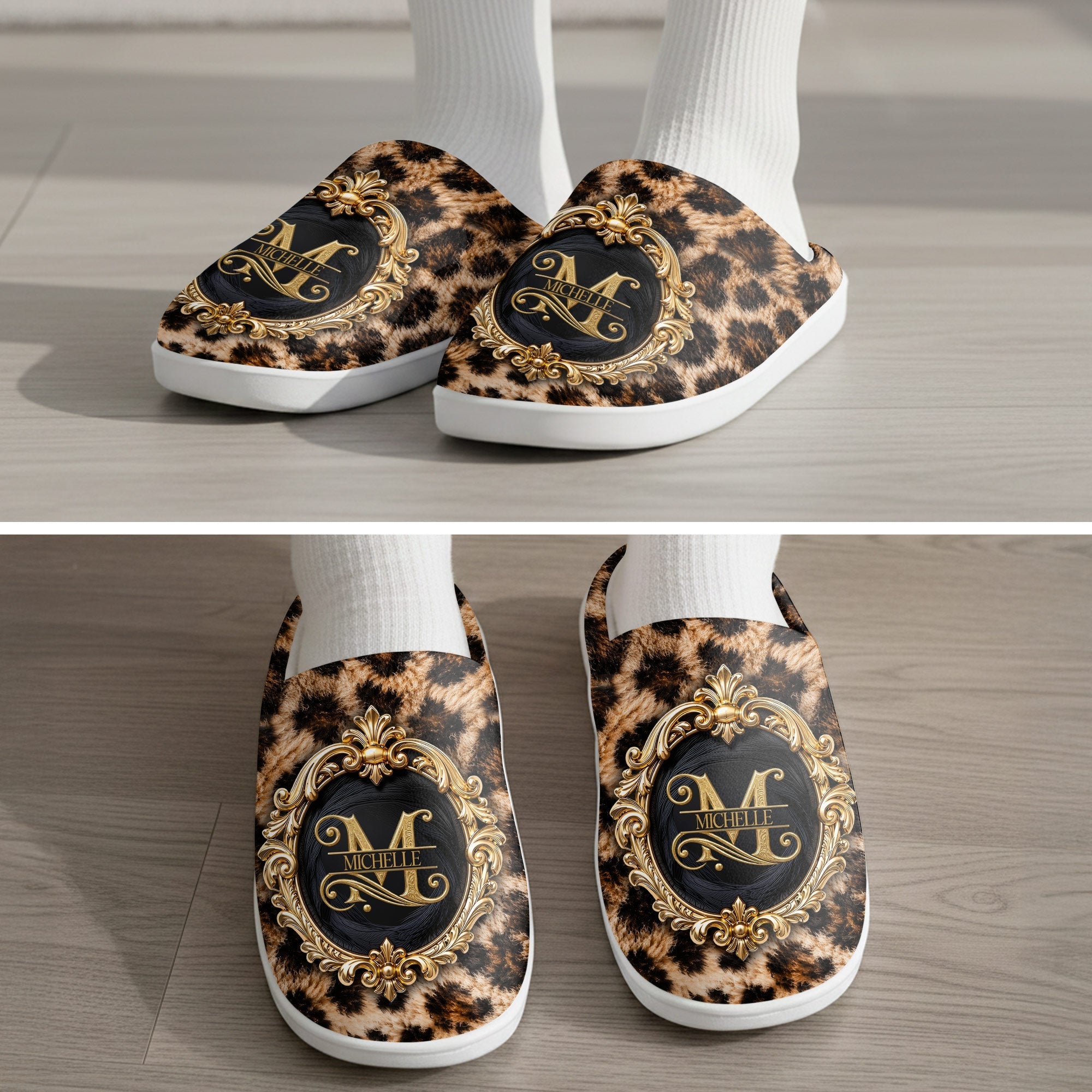 Personalized Plush Slippers Custom Golden Alphabet Art Gift for Her