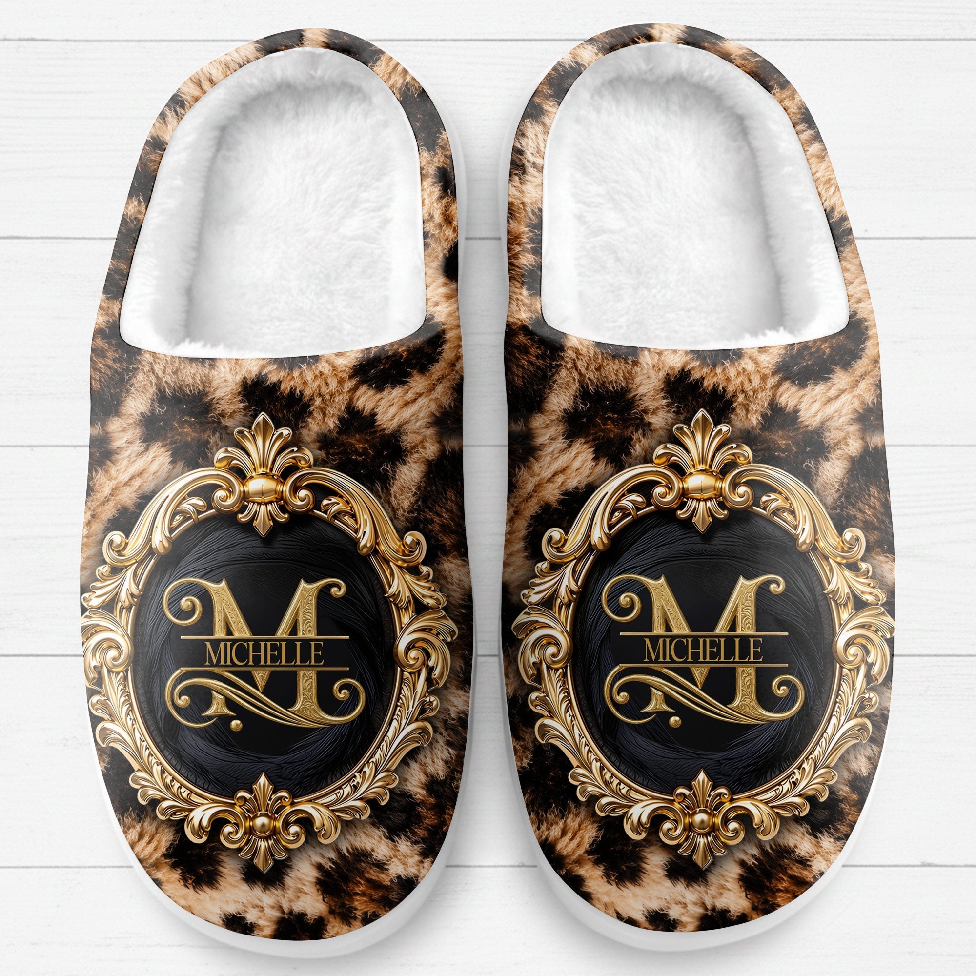 Personalized Plush Slippers Custom Golden Alphabet Art Gift for Her