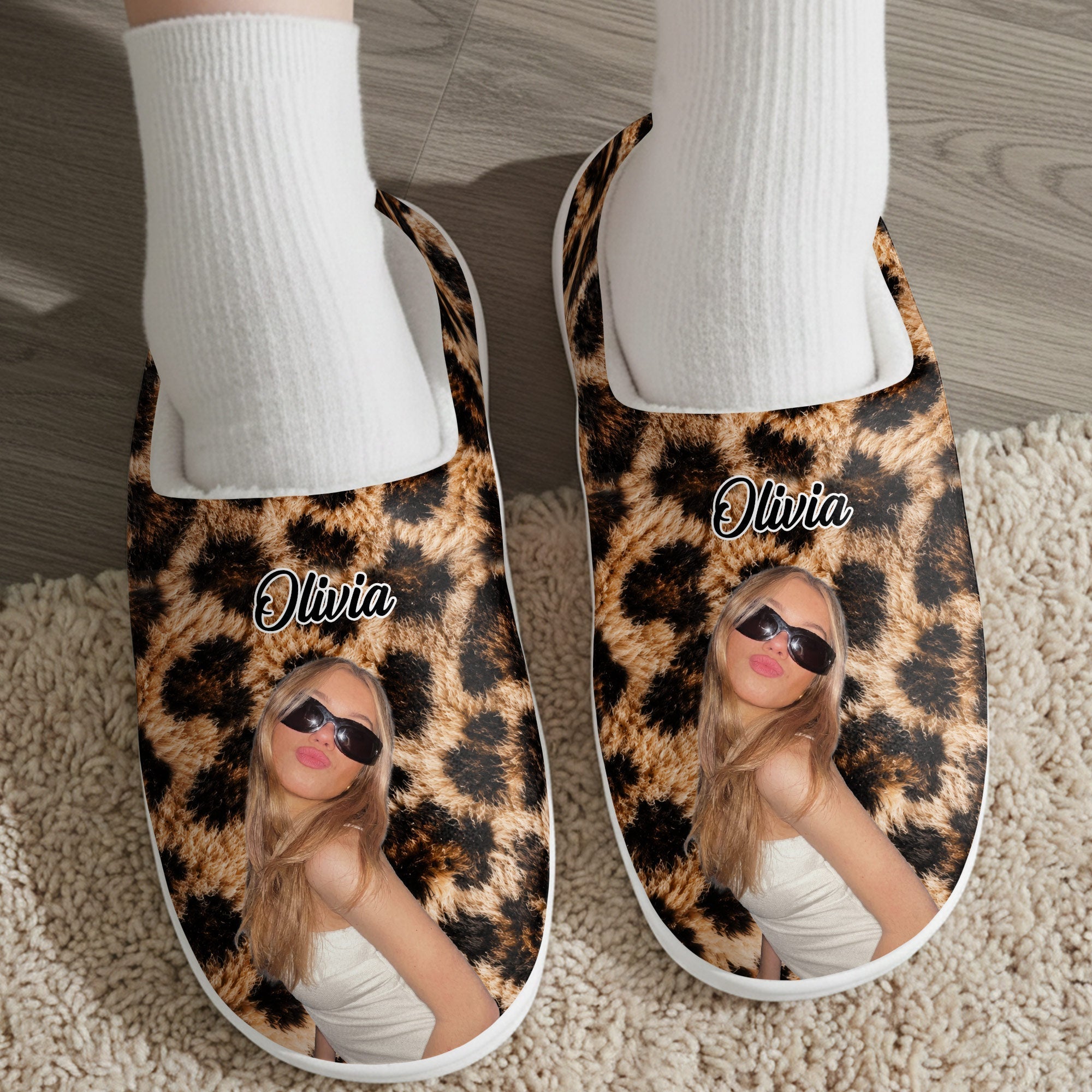 Personalized Leopard Print Slippers Custom Photo Gift for Her