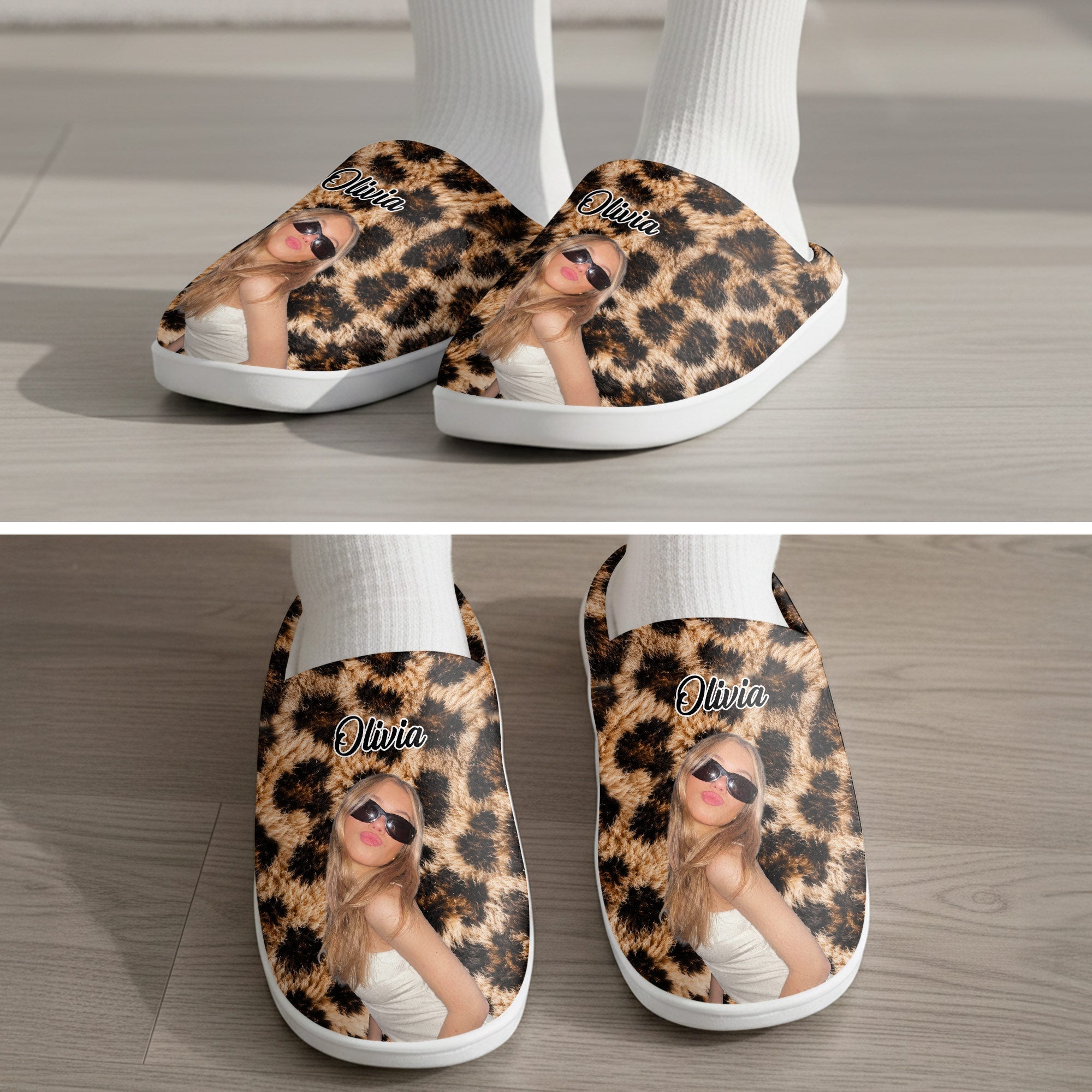 Personalized Leopard Print Slippers Custom Photo Gift for Her