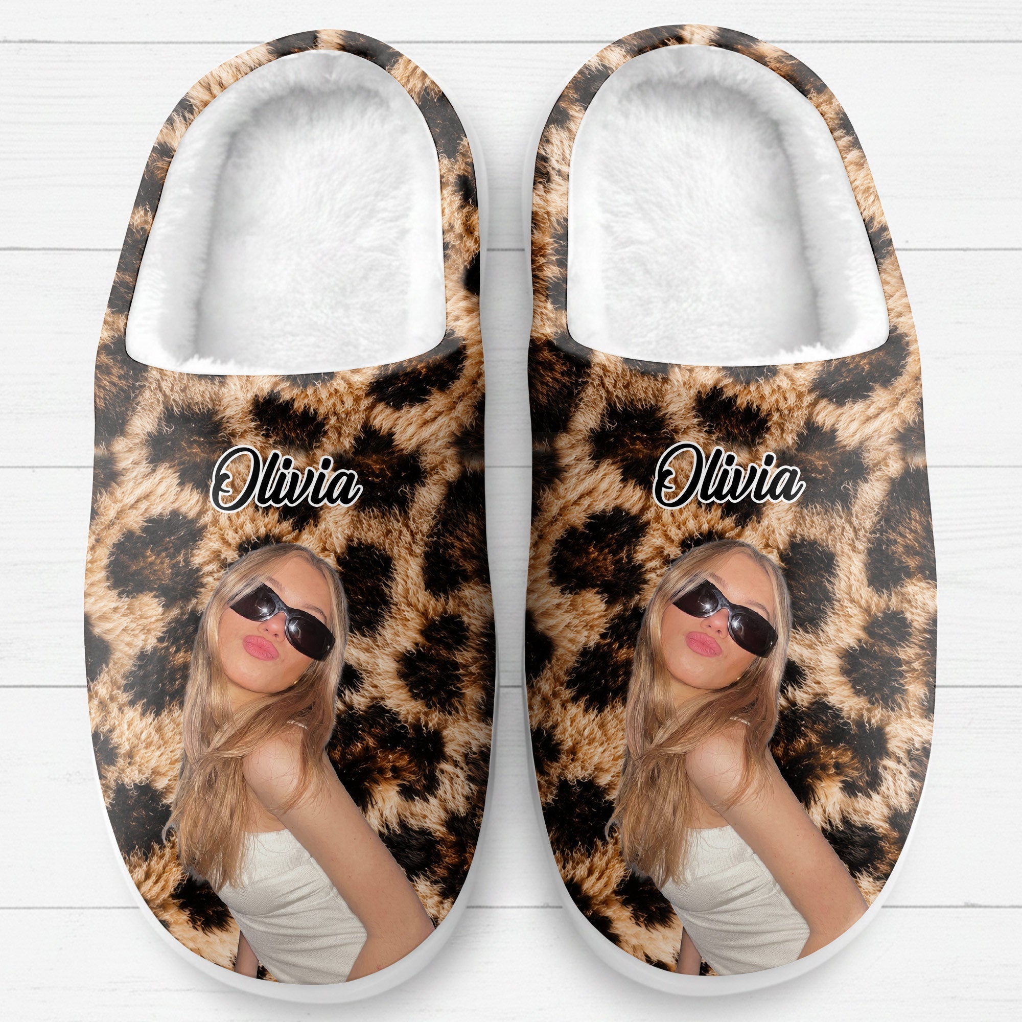 Personalized Leopard Print Slippers Custom Photo Gift for Her