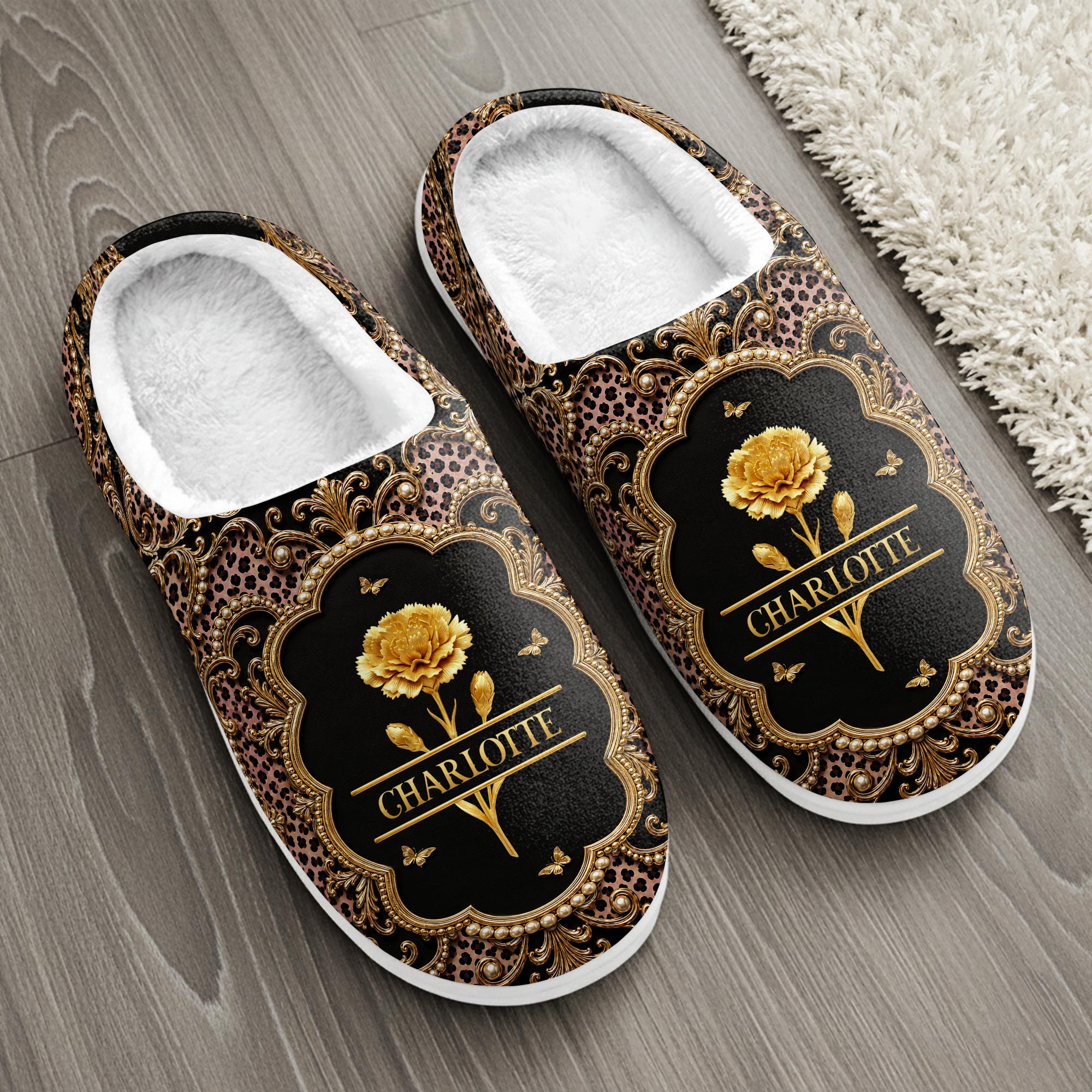 Personalized Golden Birth Month Flower Slippers Custom Name Gift for Her