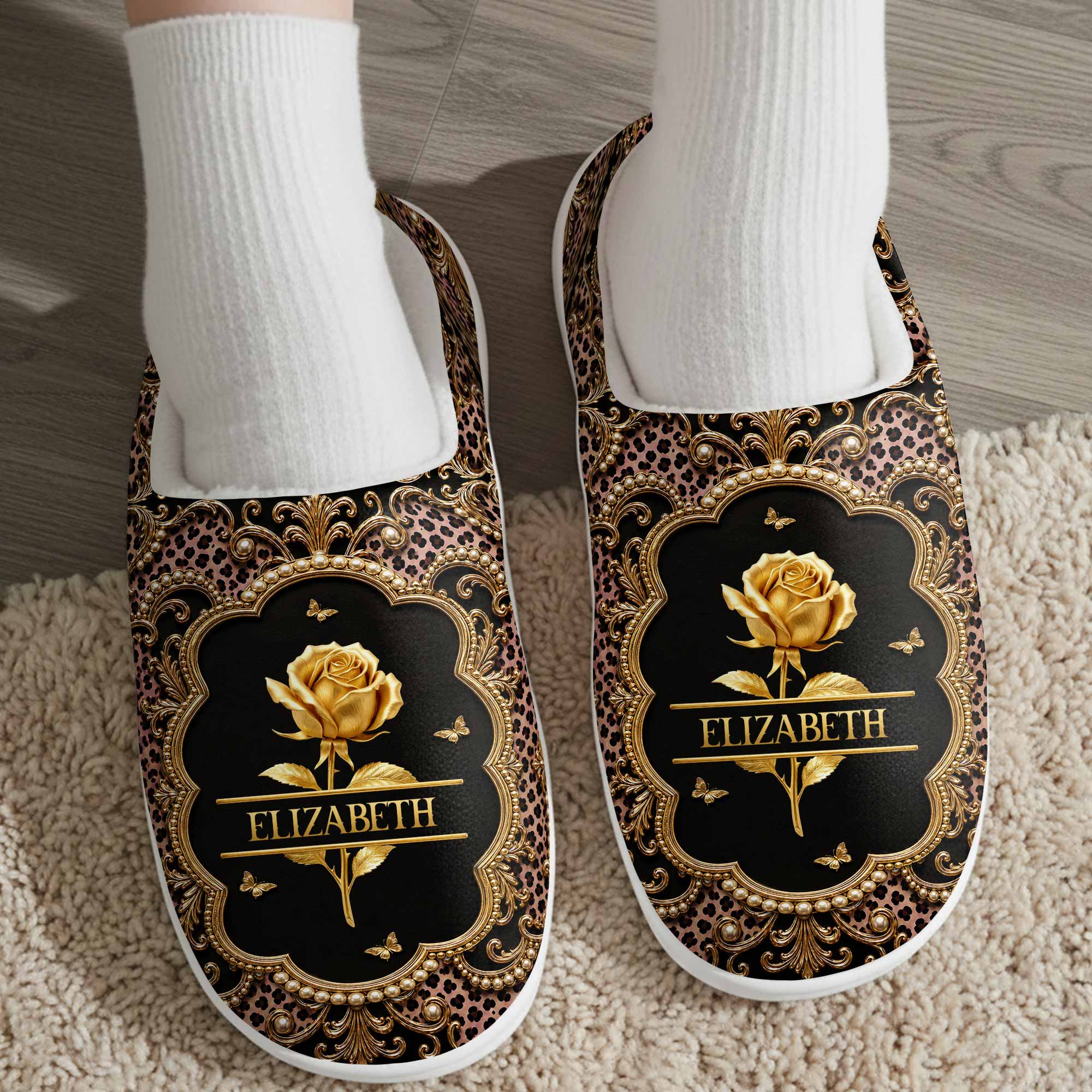Personalized Golden Birth Month Flower Slippers Custom Name Gift for Her