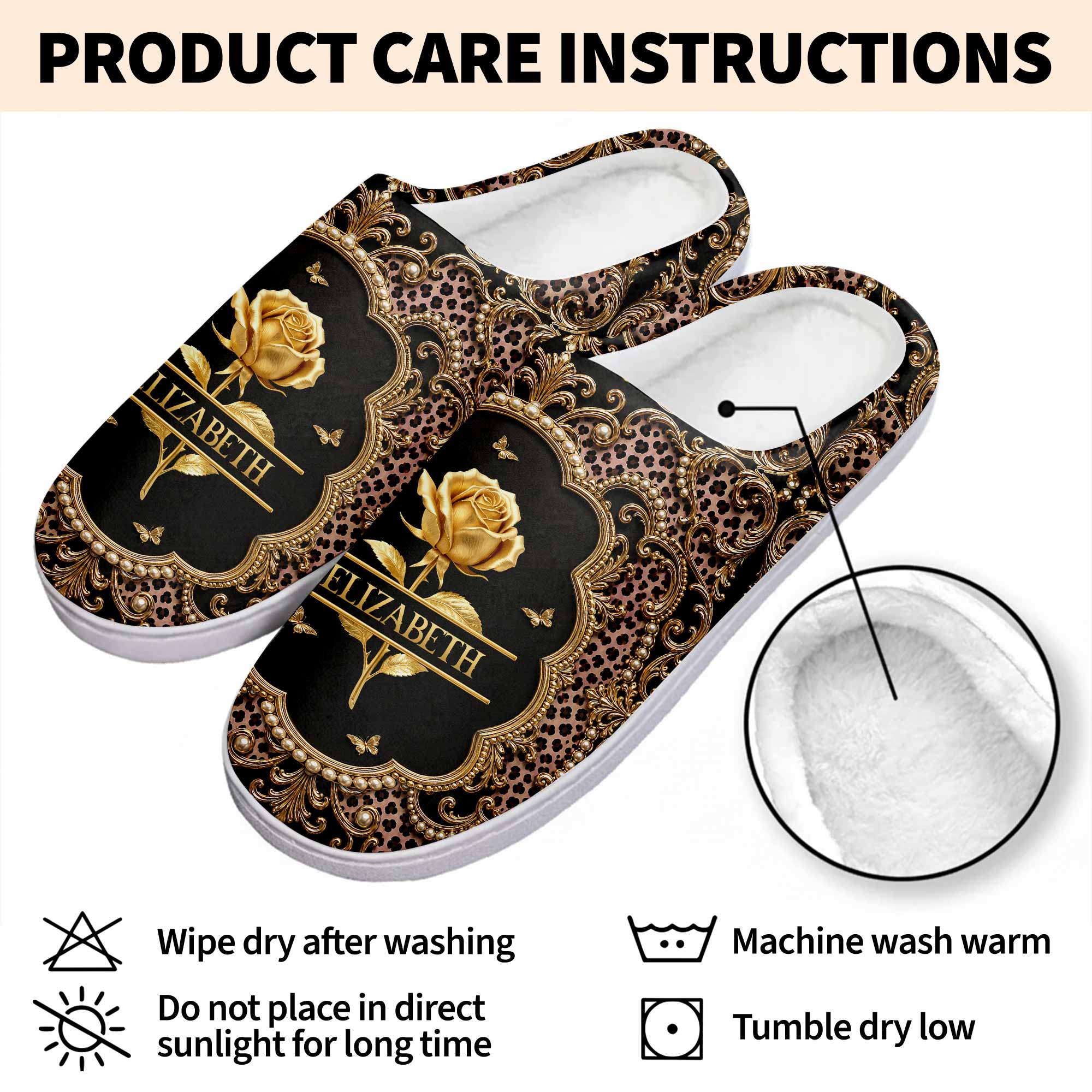 Personalized Golden Birth Month Flower Slippers Custom Name Gift for Her
