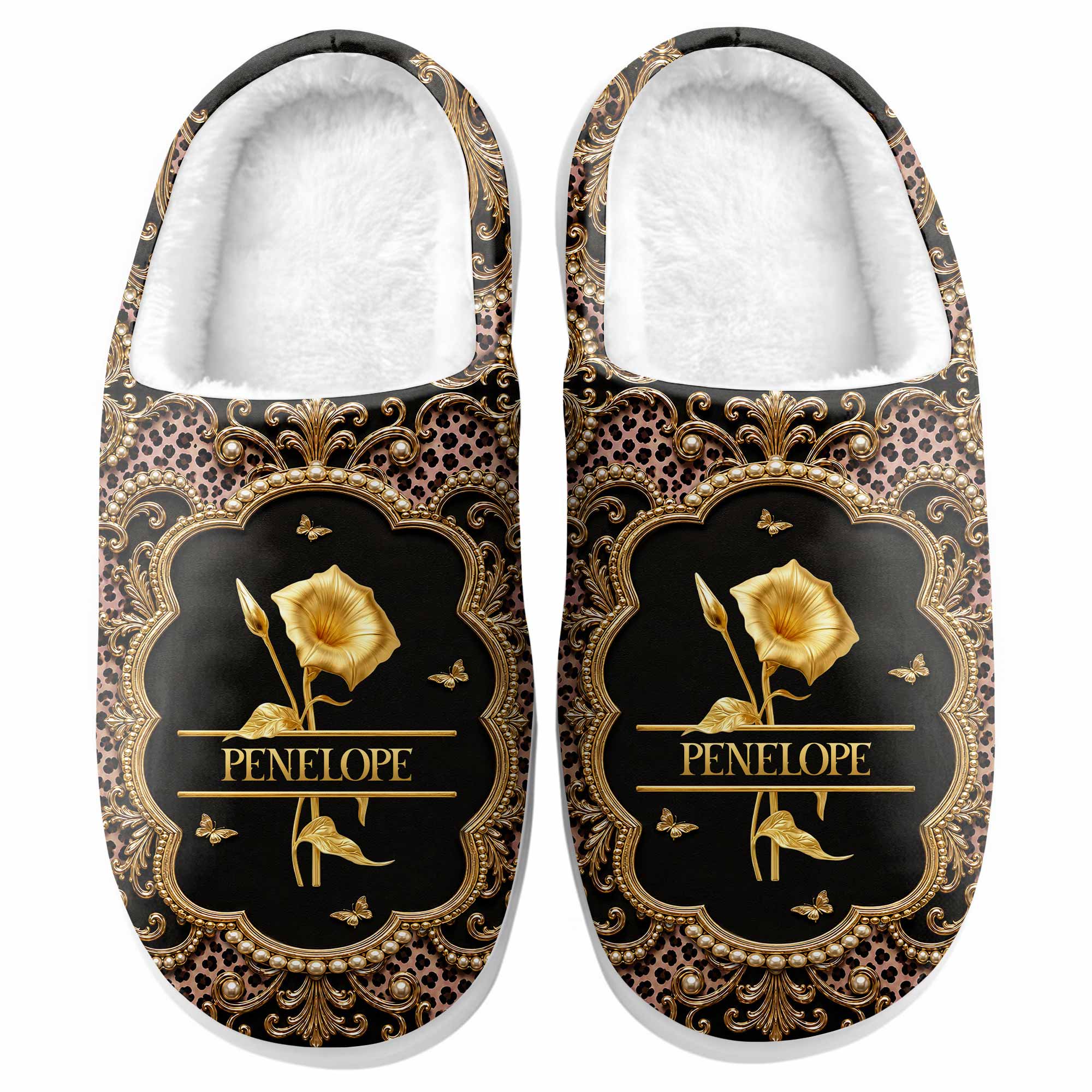 Personalized Golden Birth Month Flower Slippers Custom Name Gift for Her