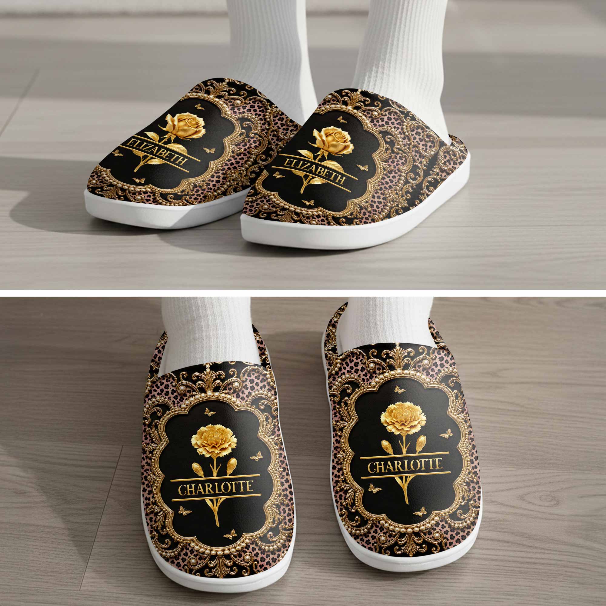 Personalized Golden Birth Month Flower Slippers Custom Name Gift for Her