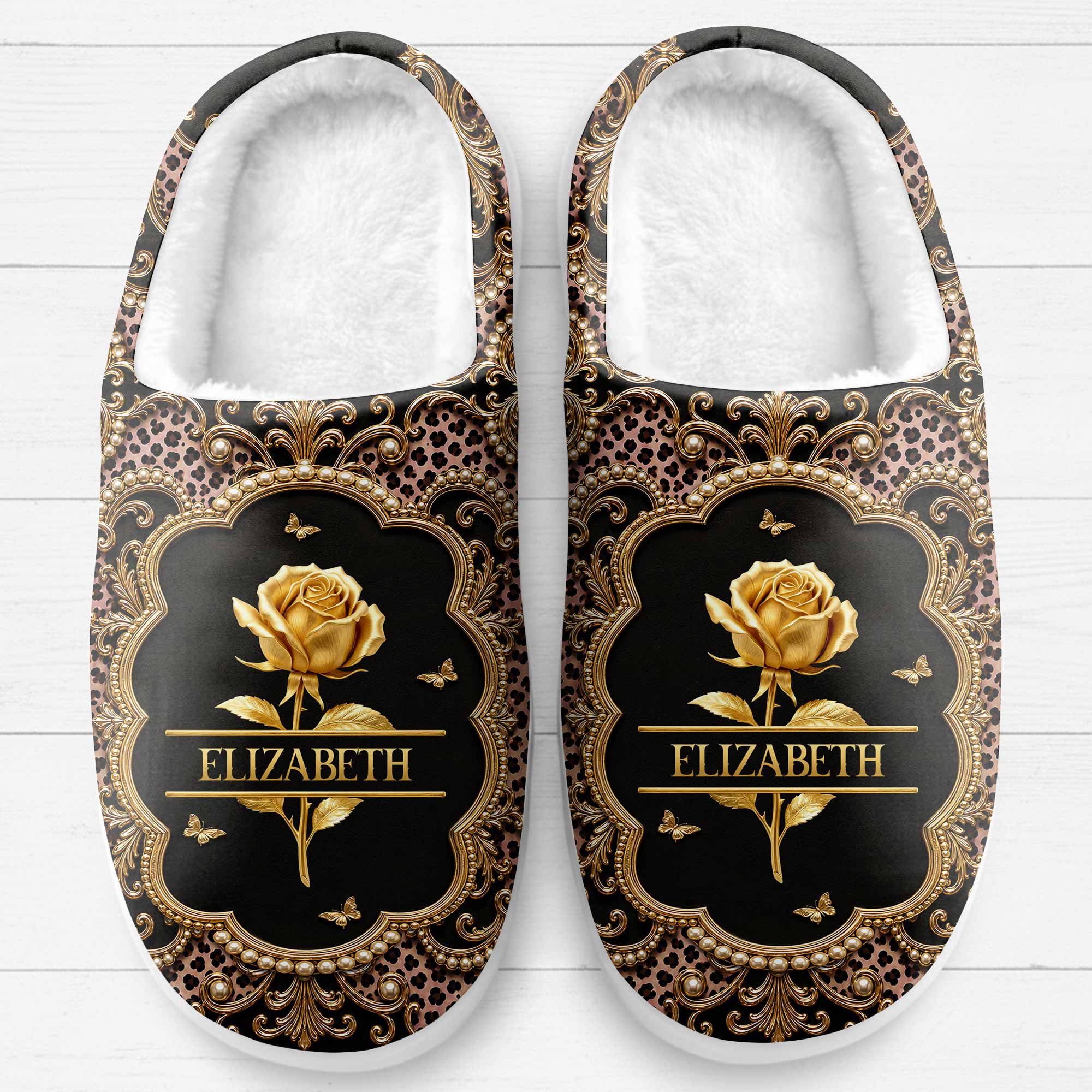 Personalized Golden Birth Month Flower Slippers Custom Name Gift for Her