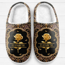 Load image into Gallery viewer, Personalized Golden Birth Month Flower Slippers Custom Name Gift for Her
