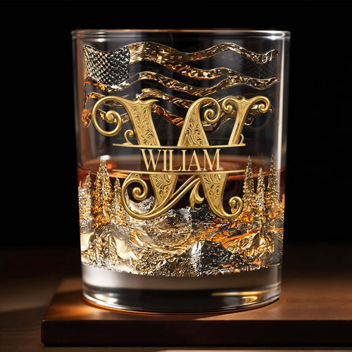 Personalized Whiskey Glass Custom Initial American Flag Gift for Dad