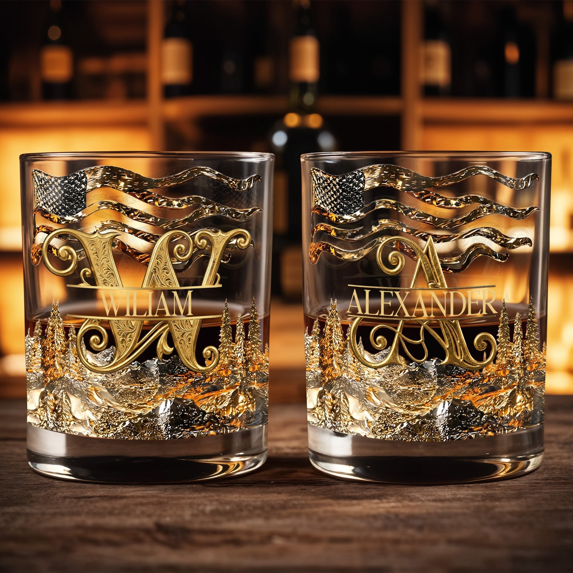 Personalized Whiskey Glass Custom Initial American Flag Gift for Dad