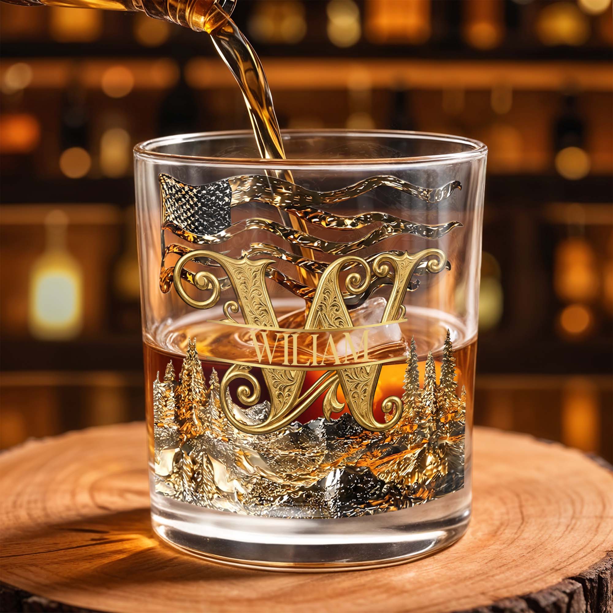Personalized Whiskey Glass Custom Initial American Flag Gift for Dad