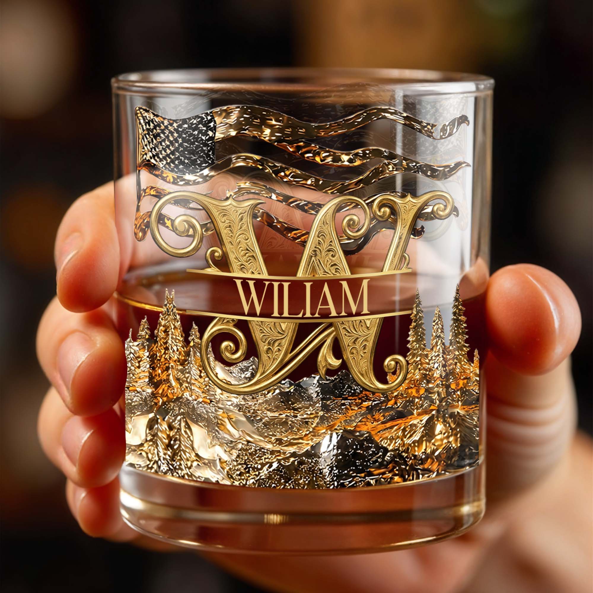 Personalized Whiskey Glass Custom Initial American Flag Gift for Dad