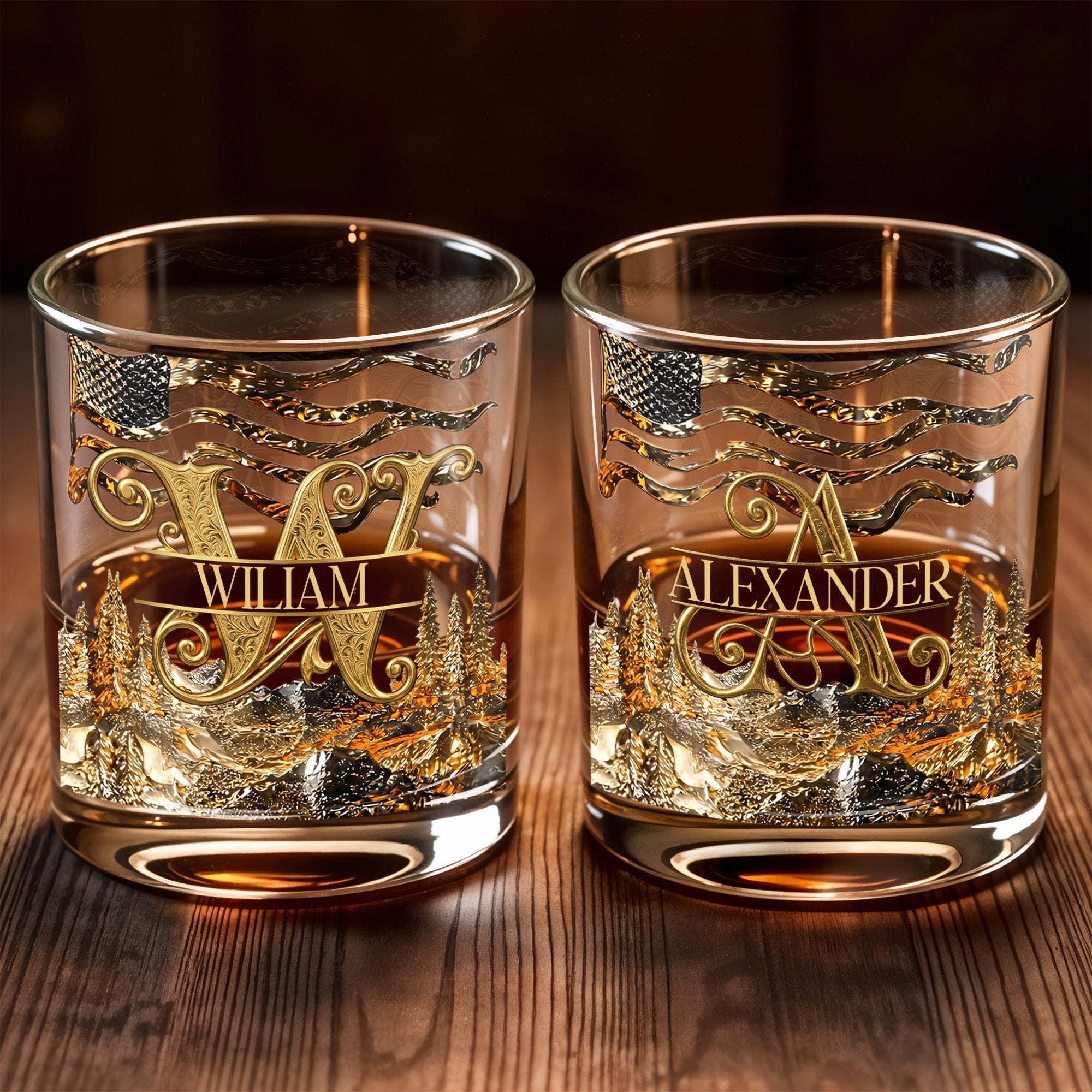 Personalized Whiskey Glass Custom Initial American Flag Gift for Dad