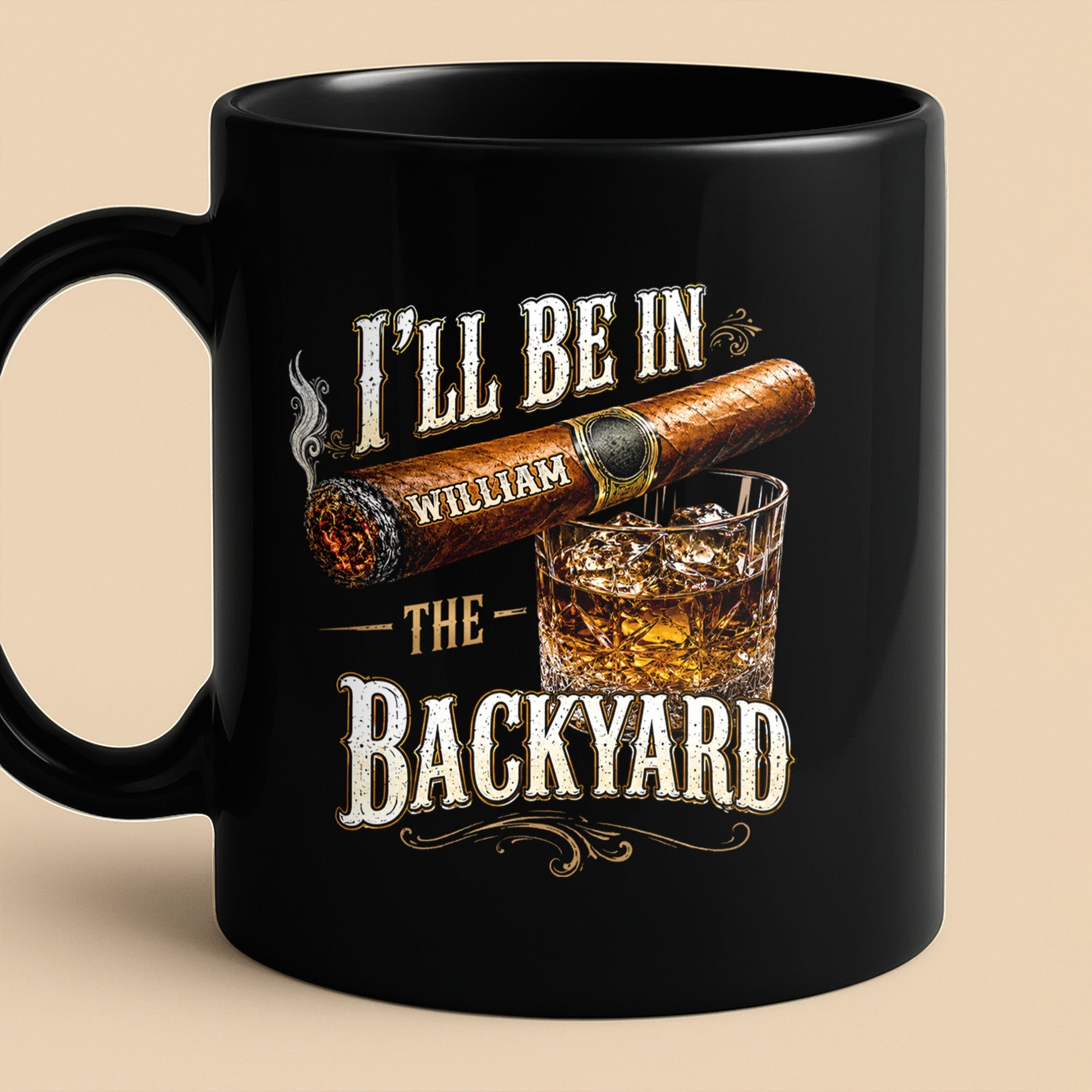 Personalized Black Mug Custom Name Backyard Cigar Gift for Him
