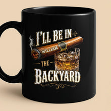 Load image into Gallery viewer, Personalized Black Mug Custom Name Backyard Cigar Gift for Him

