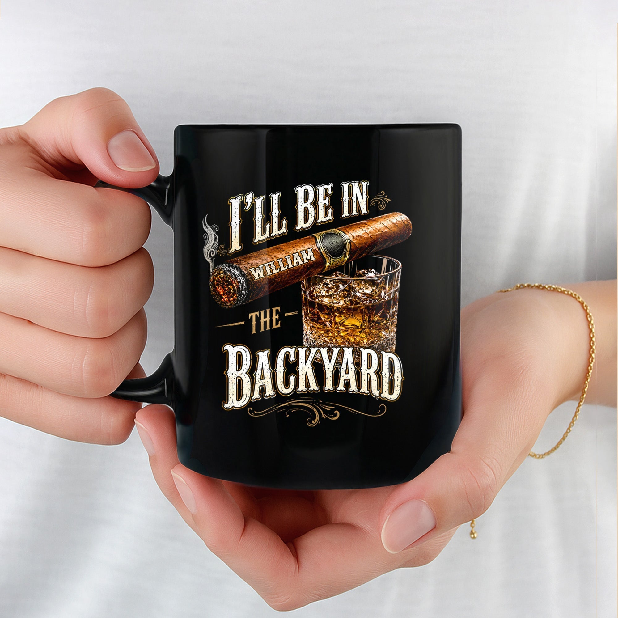 Personalized Black Mug Custom Name Backyard Cigar Gift for Him