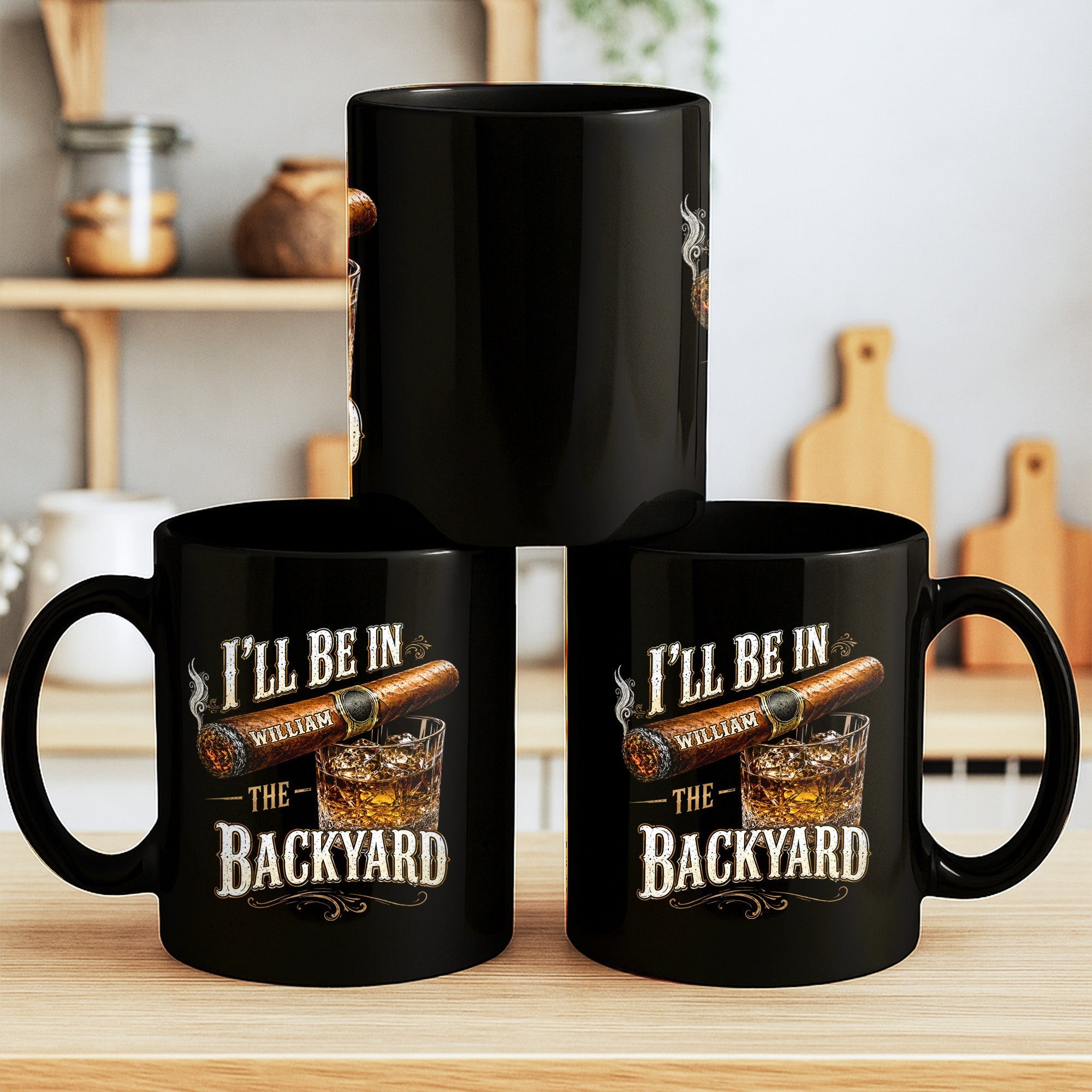 Personalized Black Mug Custom Name Backyard Cigar Gift for Him