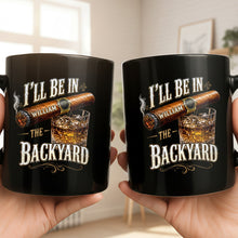 Load image into Gallery viewer, Personalized Black Mug Custom Name Backyard Cigar Gift for Him
