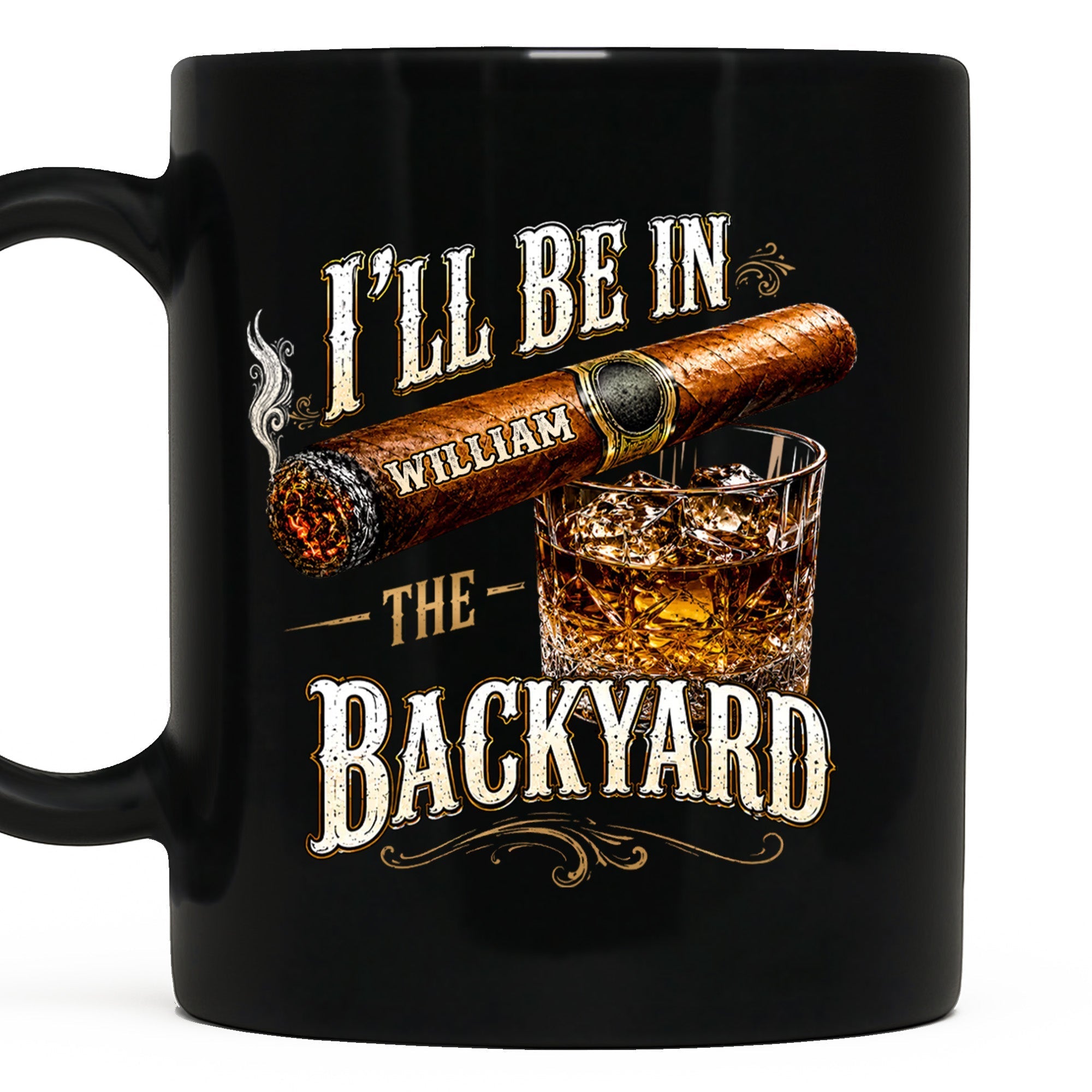 Personalized Black Mug Custom Name Backyard Cigar Gift for Him