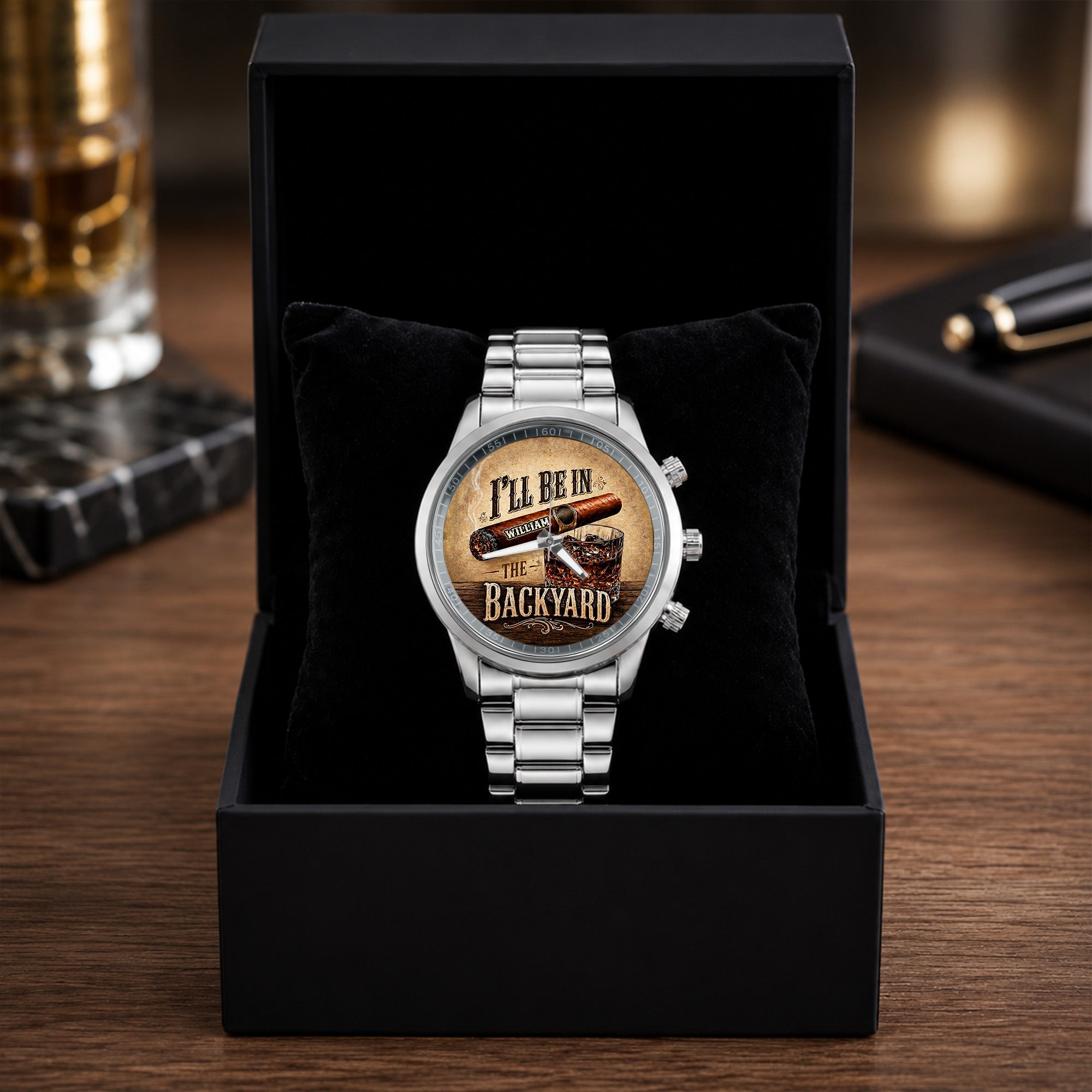 Personalized Men's Watch Custom Name Cigar Whiskey Gift for Him