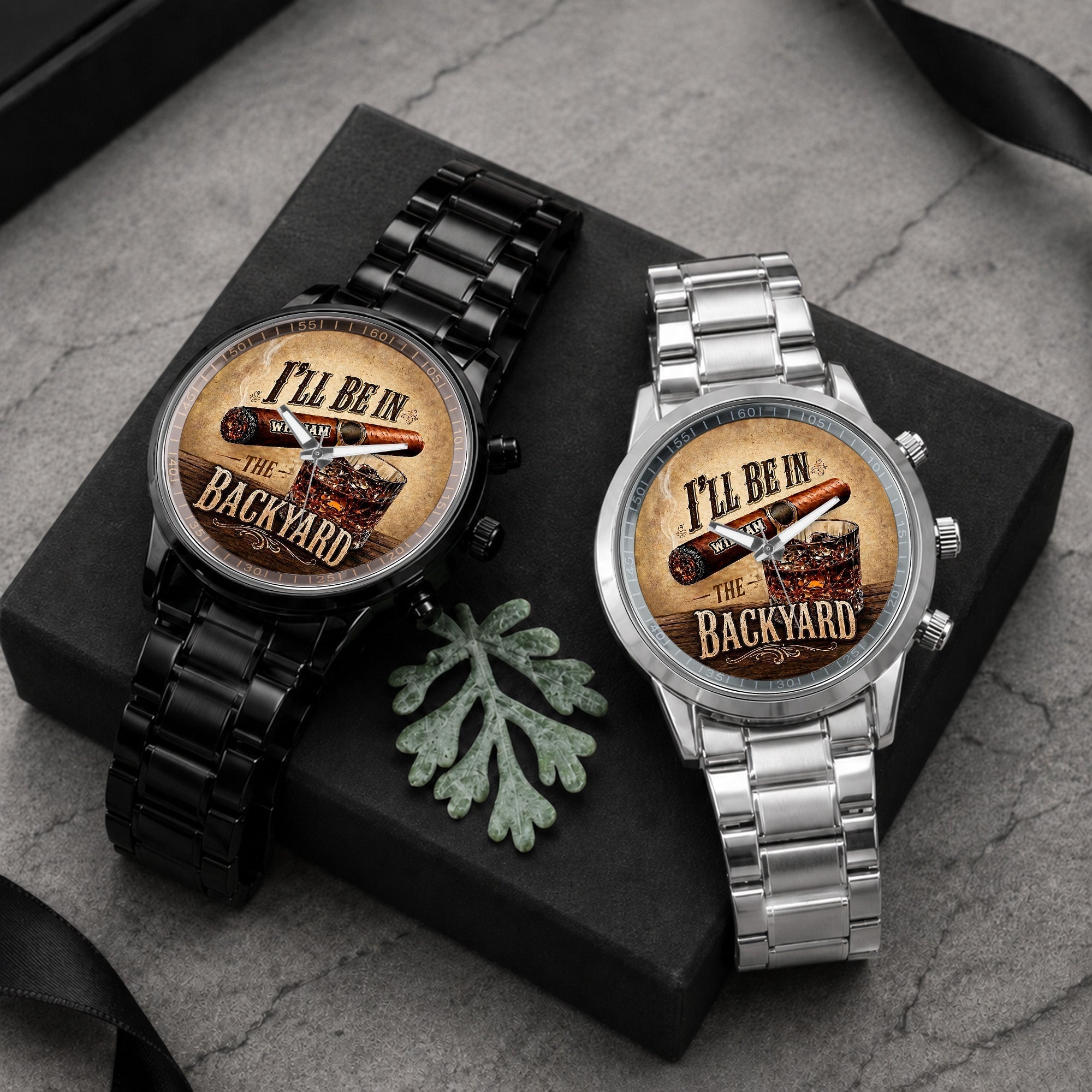 Personalized Men's Watch Custom Name Cigar Whiskey Gift for Him