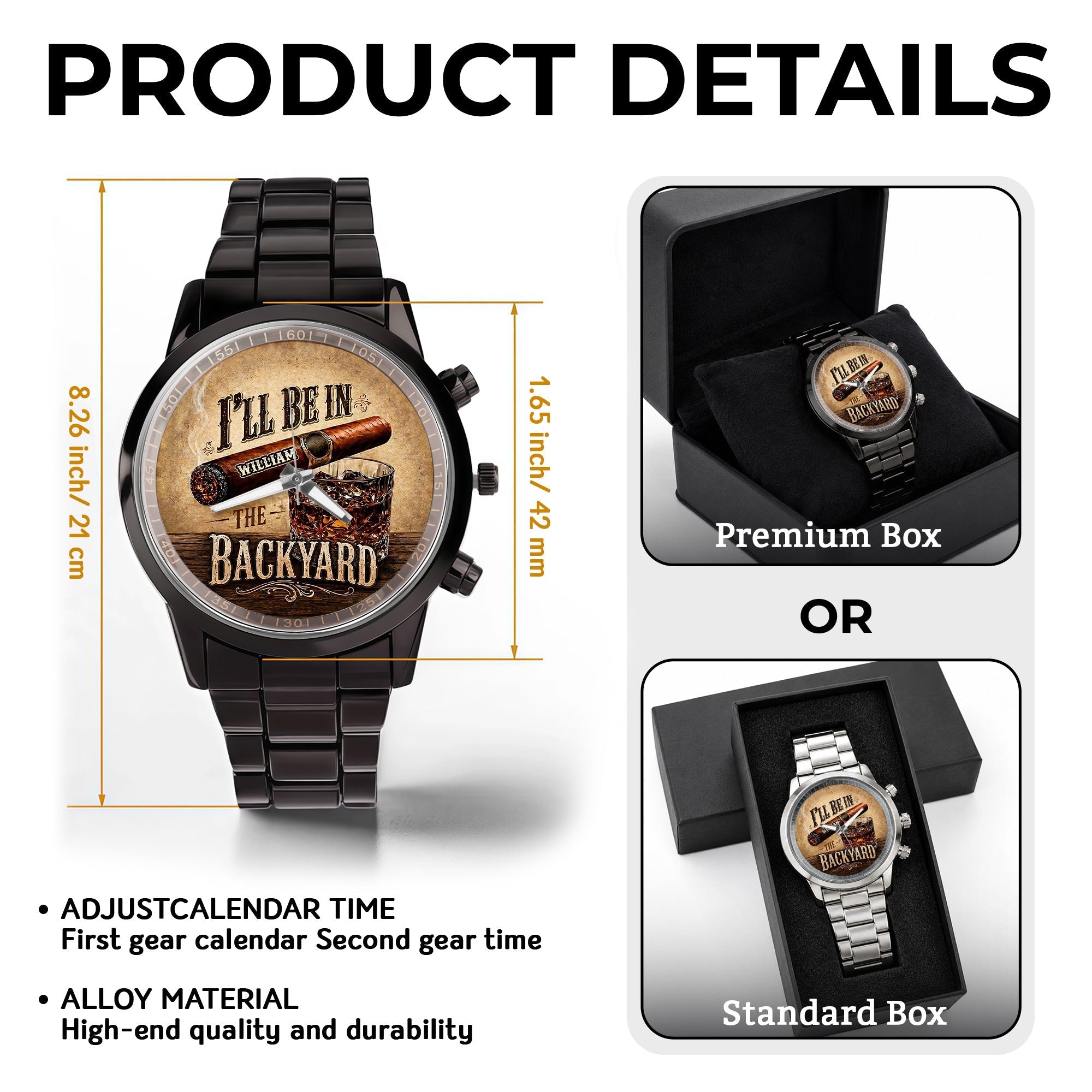 Personalized Men's Watch Custom Name Cigar Whiskey Gift for Him