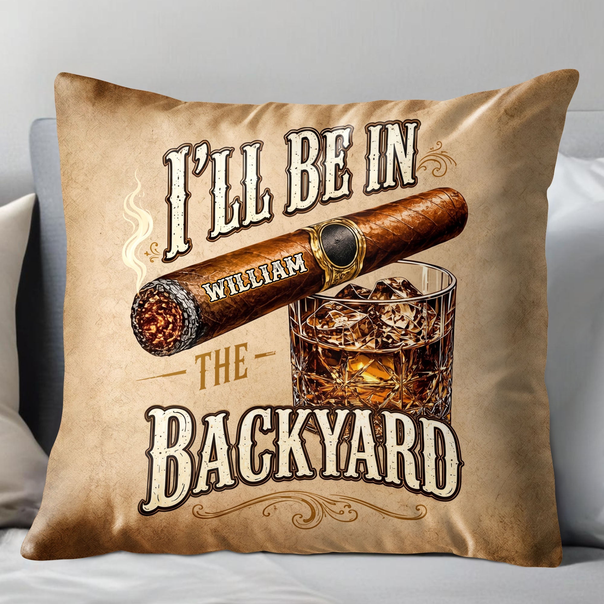 Personalized Cigar and Whiskey Pillow Custom Gift for Him