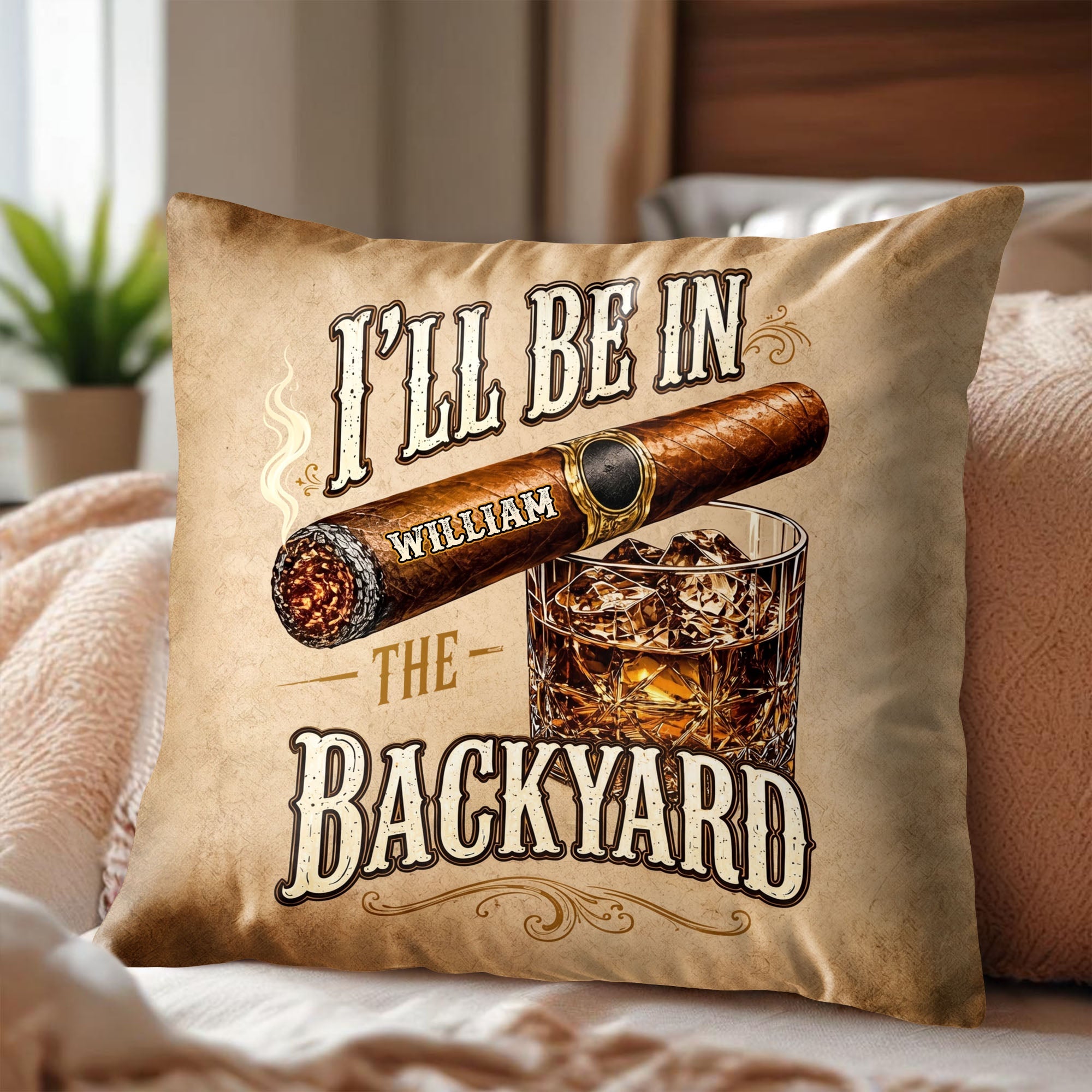 Personalized Cigar and Whiskey Pillow Custom Gift for Him