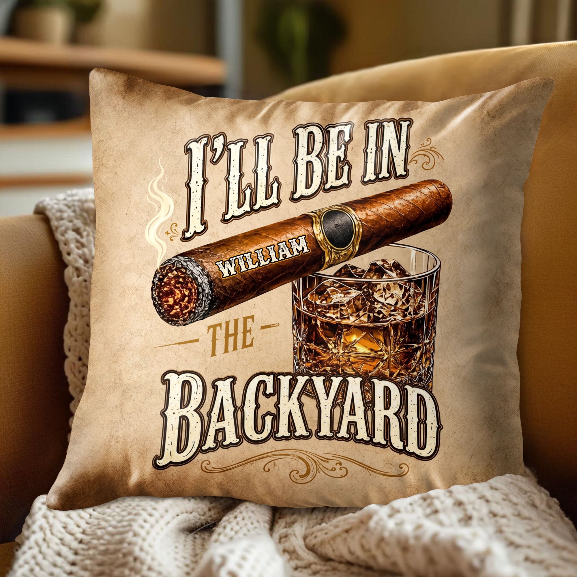 Personalized Cigar and Whiskey Pillow Custom Gift for Him