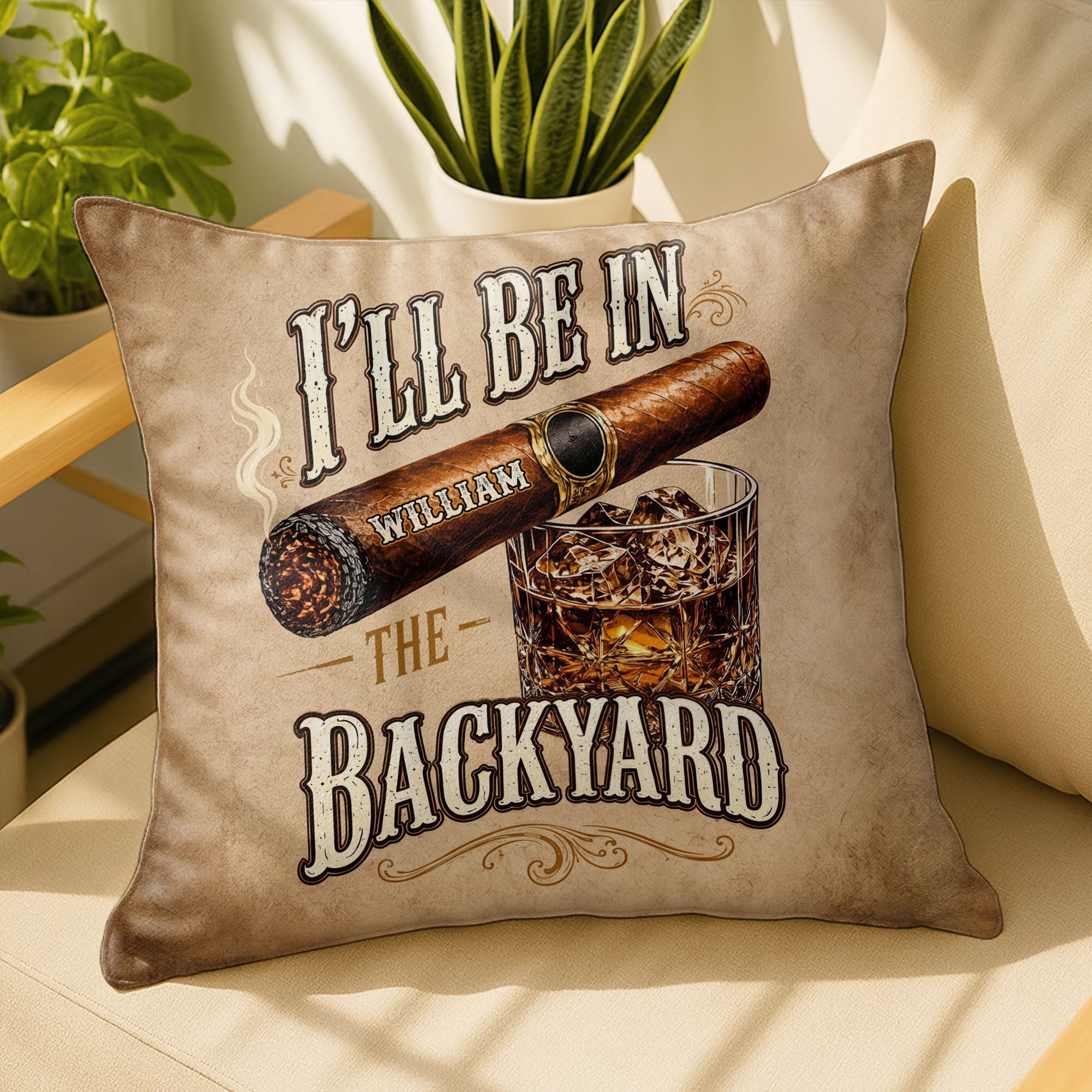 Personalized Cigar and Whiskey Pillow Custom Gift for Him