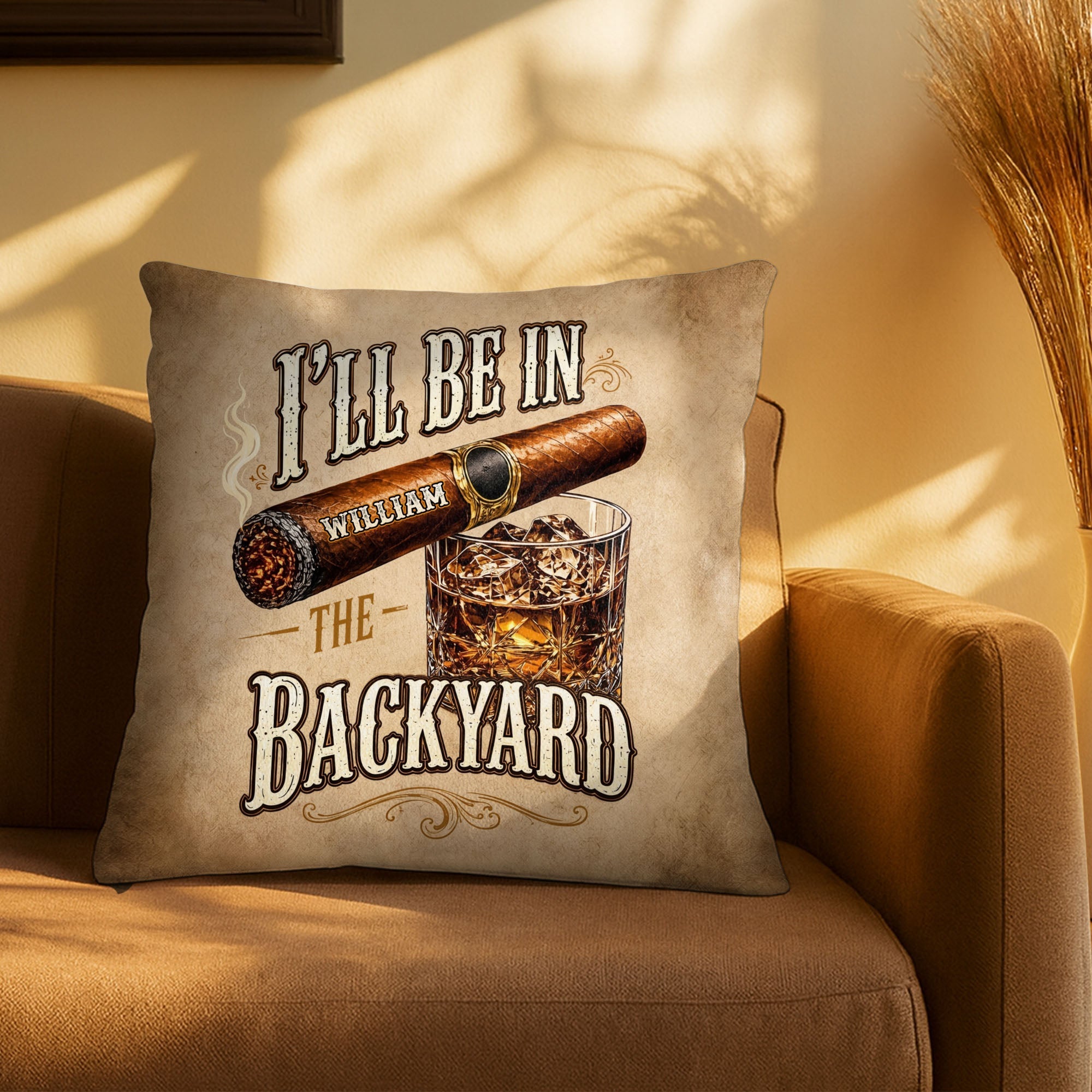 Personalized Cigar and Whiskey Pillow Custom Gift for Him