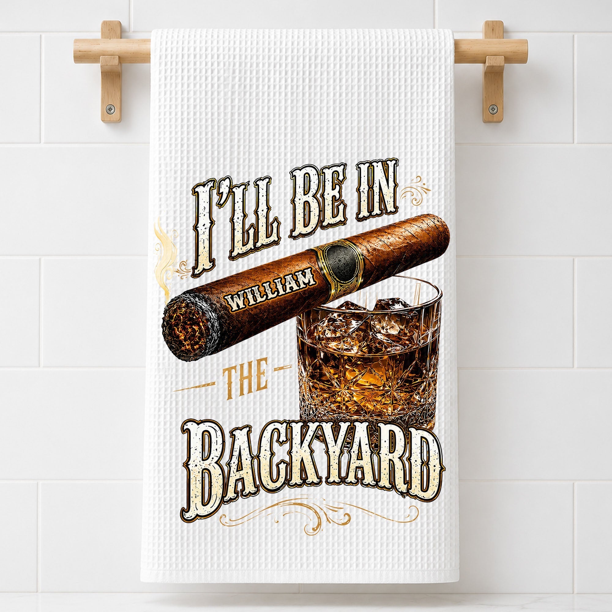 Personalized Kitchen Towel Custom Cigar Whiskey Gift for Him
