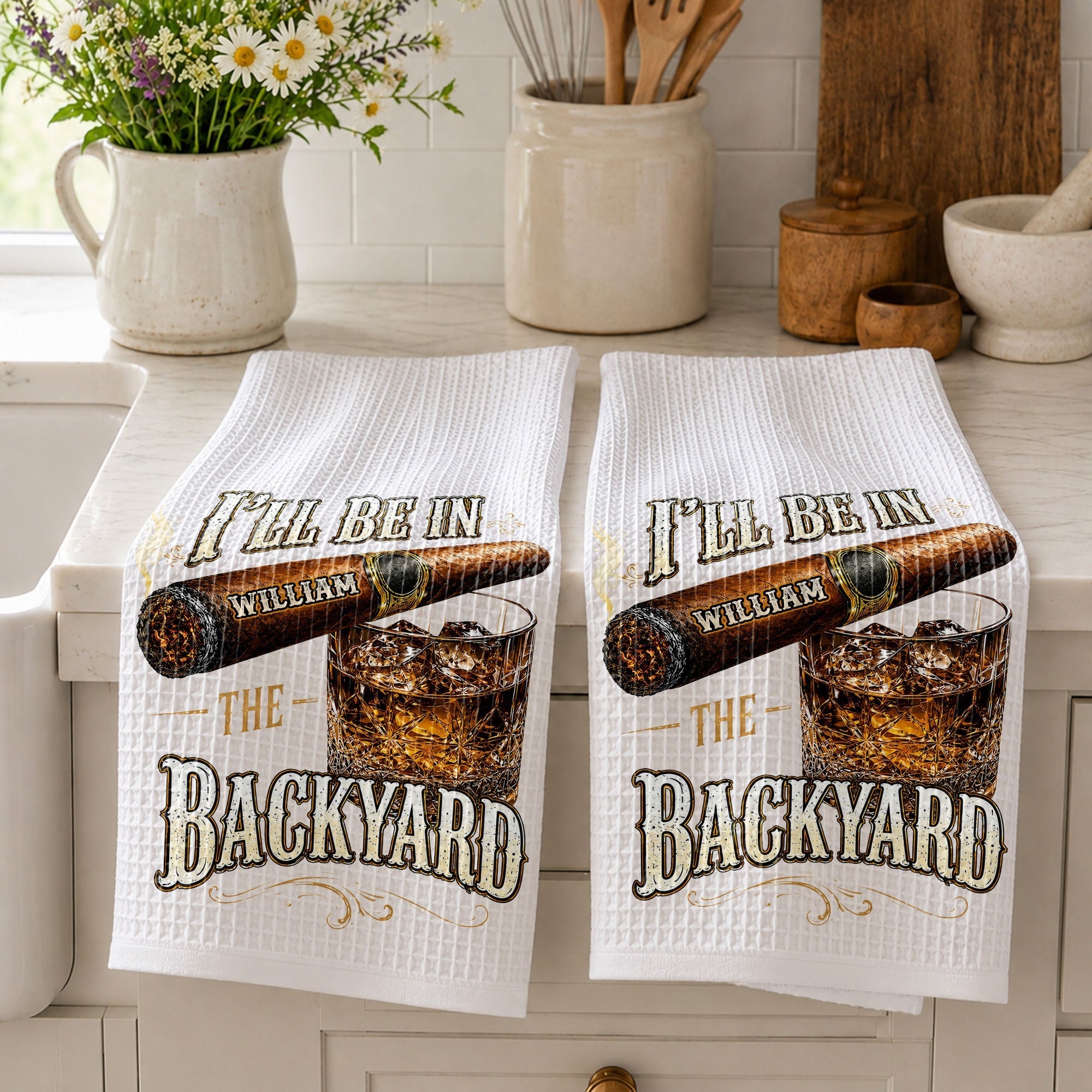 Personalized Kitchen Towel Custom Cigar Whiskey Gift for Him