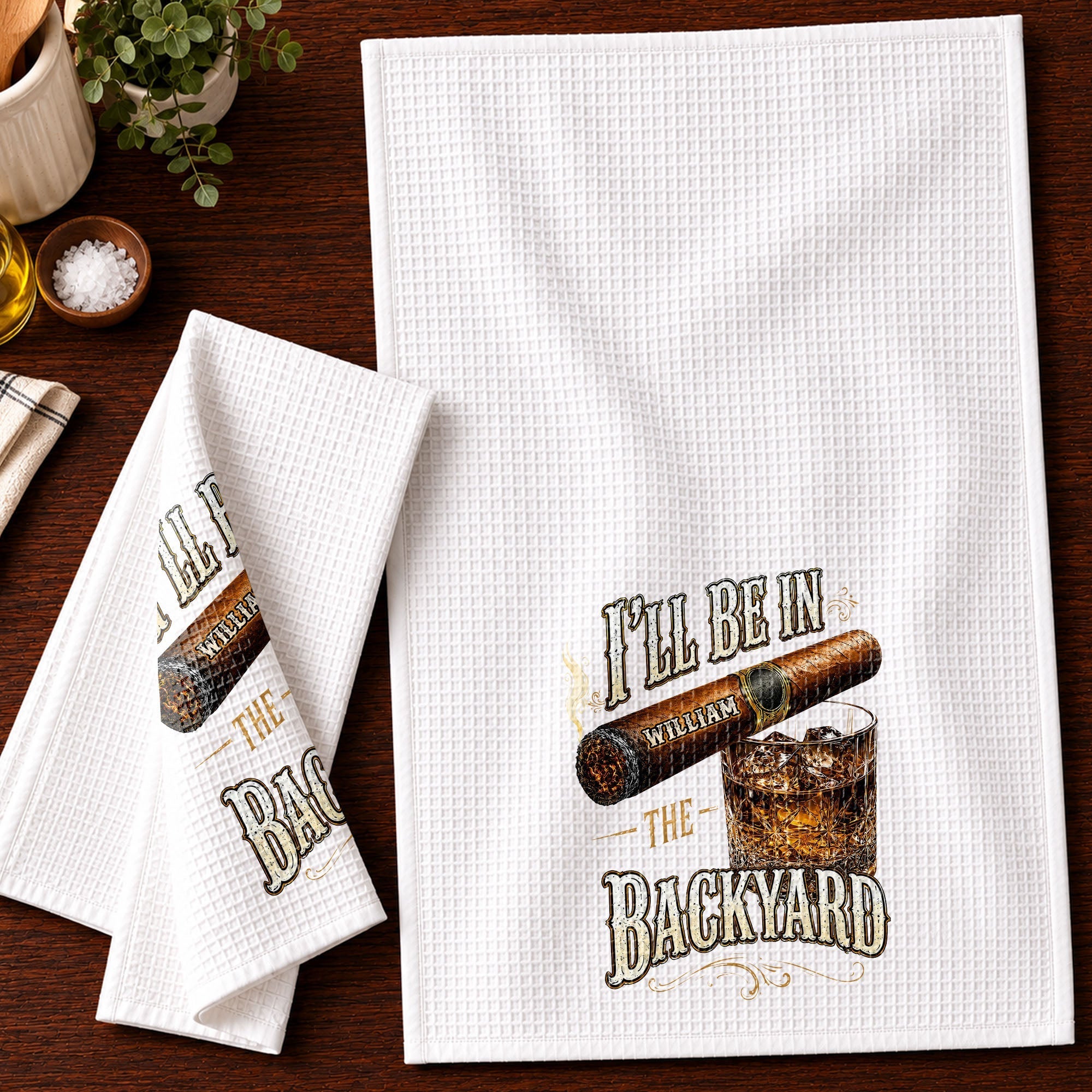 Personalized Kitchen Towel Custom Cigar Whiskey Gift for Him